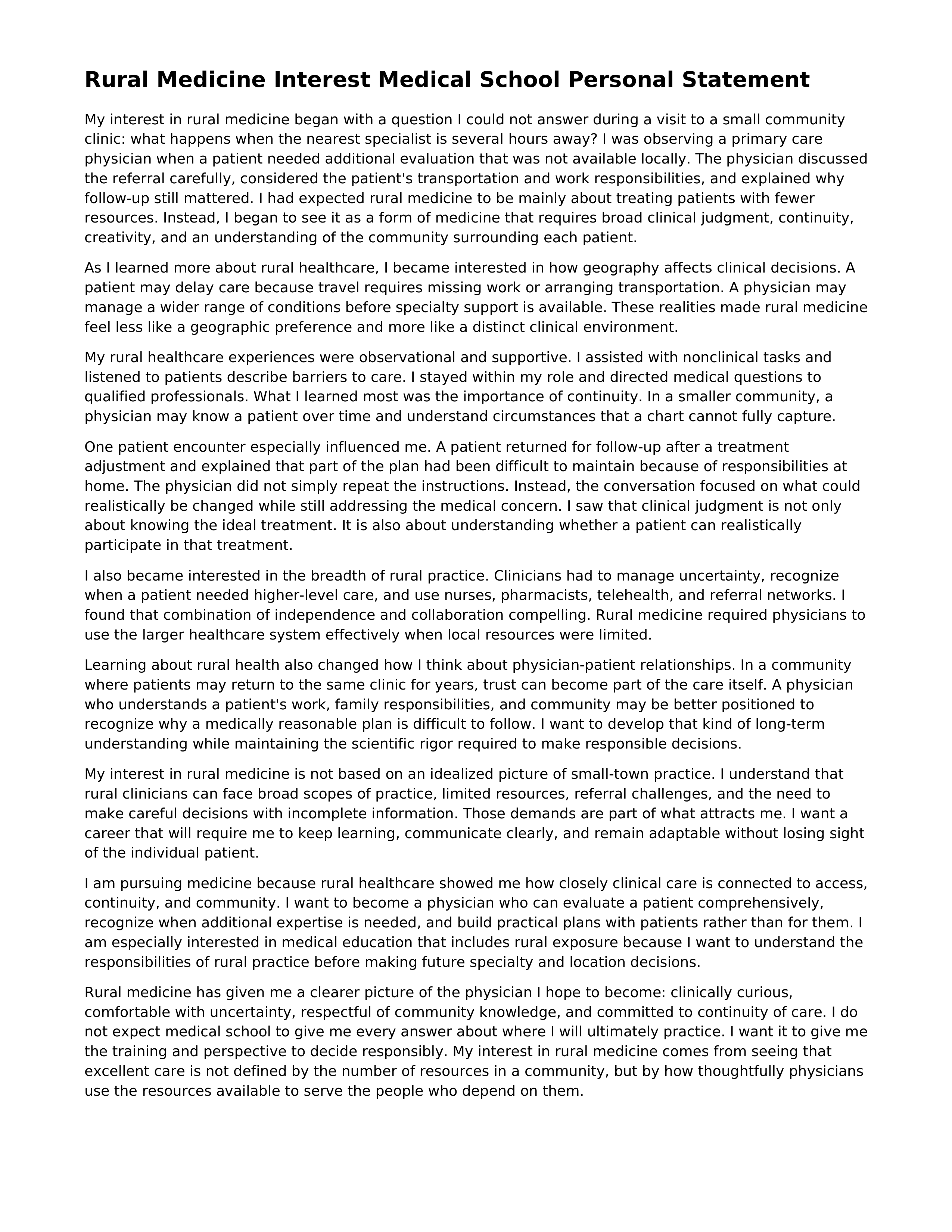 Rural Medicine Interest Medical School Personal Statement — page 1