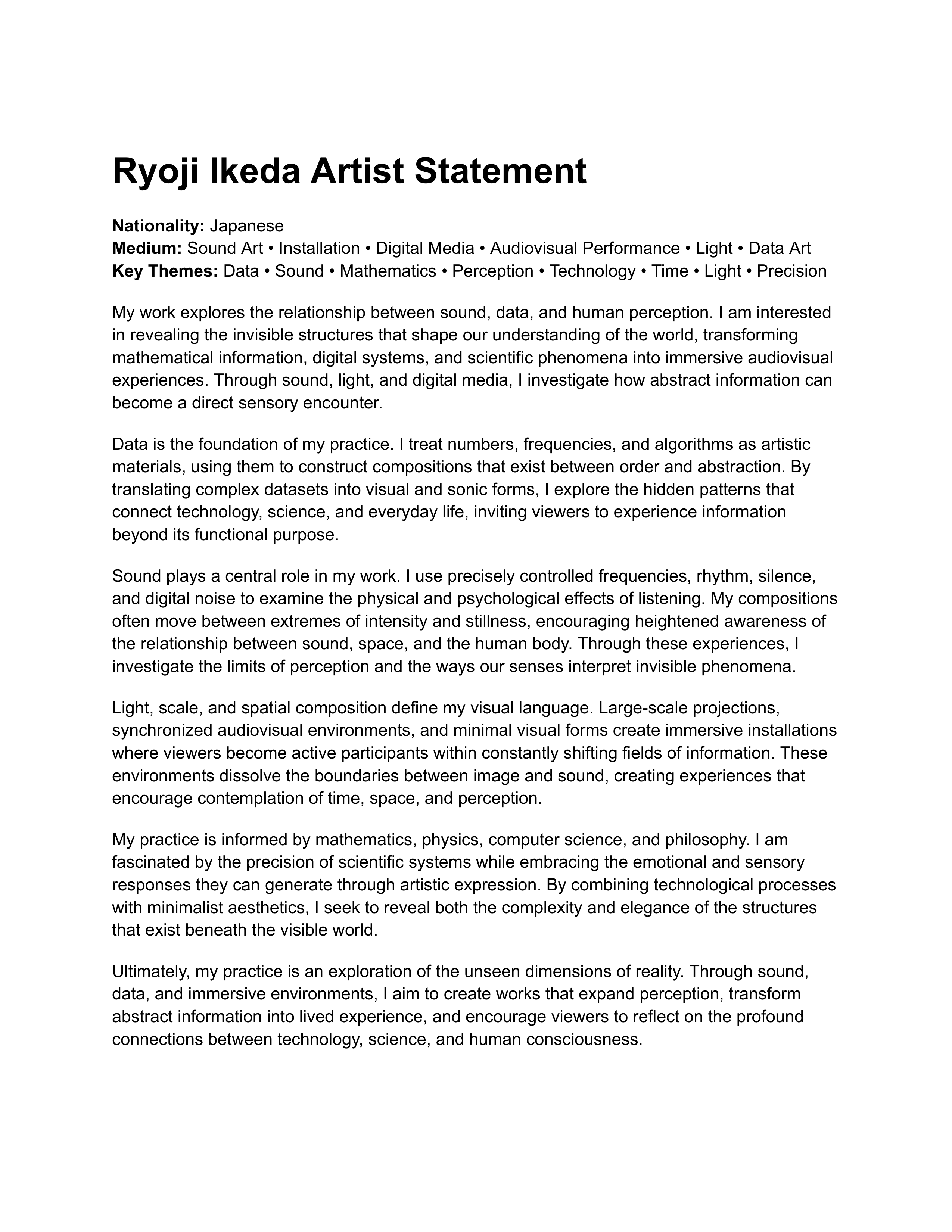 Ryoji Ikeda Artist Statement — page 1