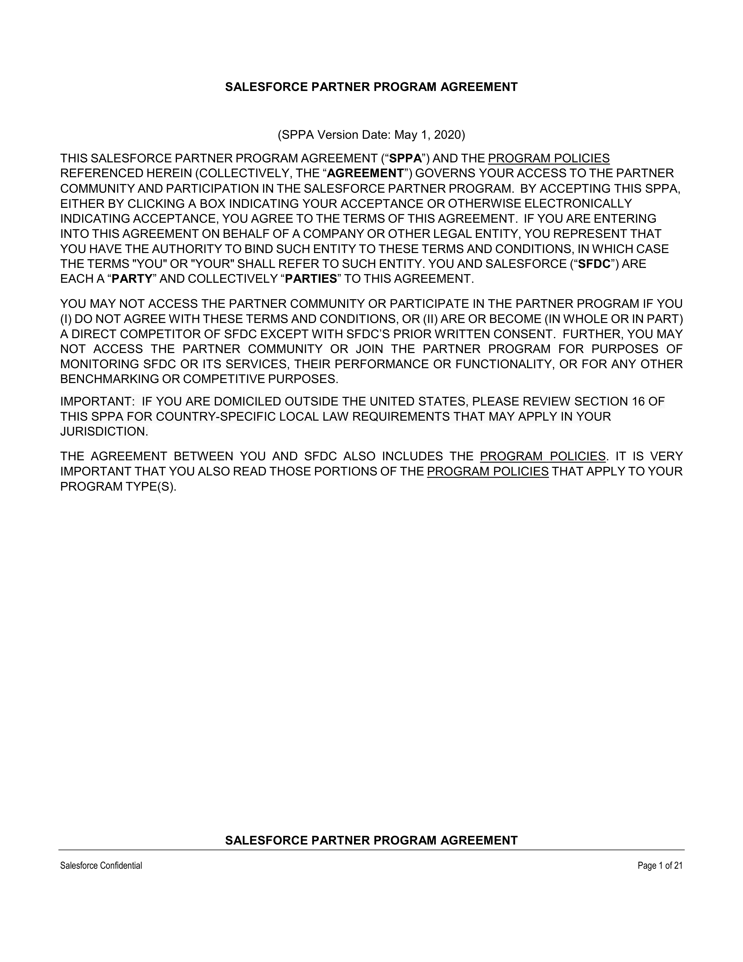 SALESFORCE PARTNER PROGRAM AGREEMENT — page 1