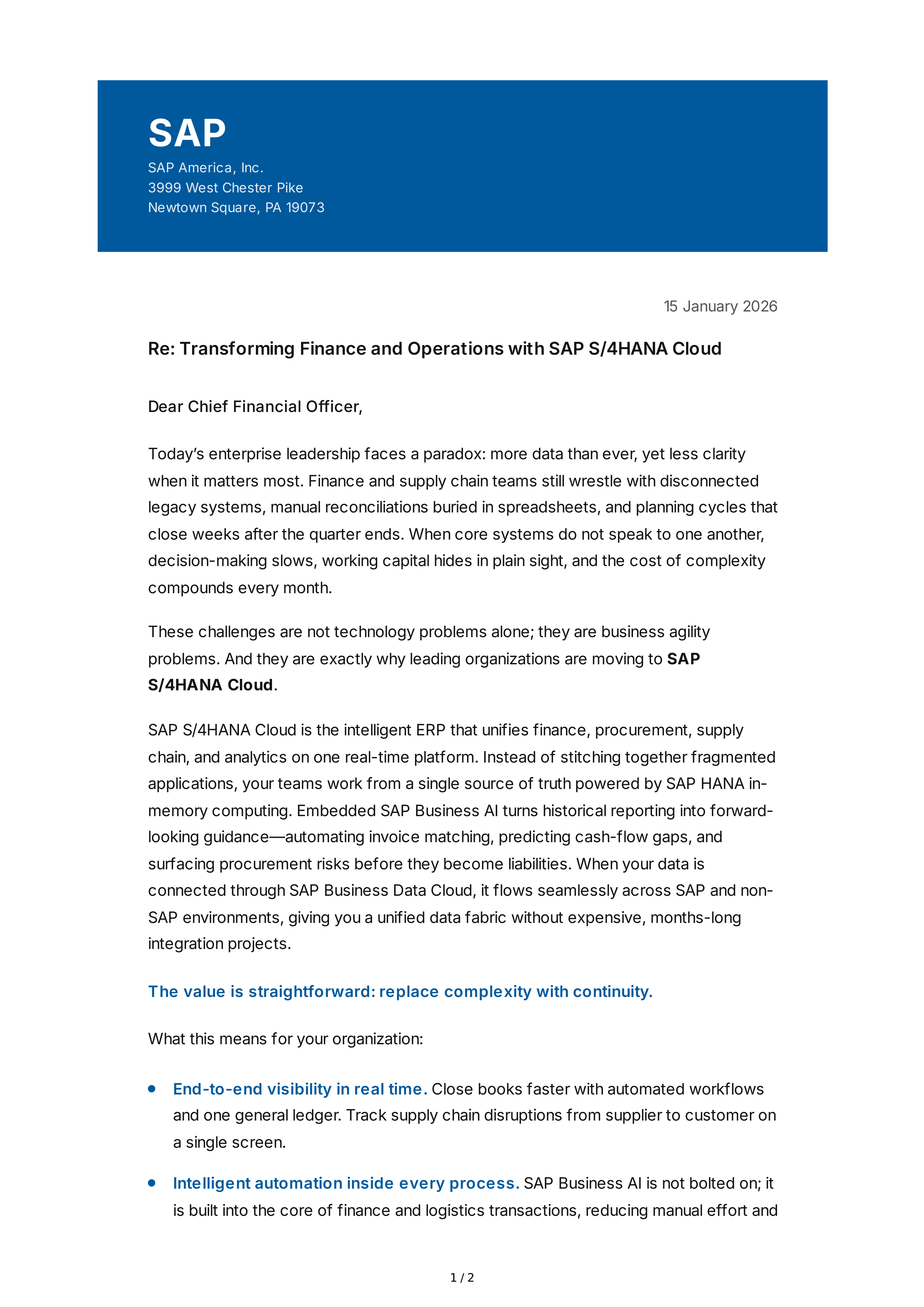 SAP S/4HANA Cloud Sales Letter — page 1