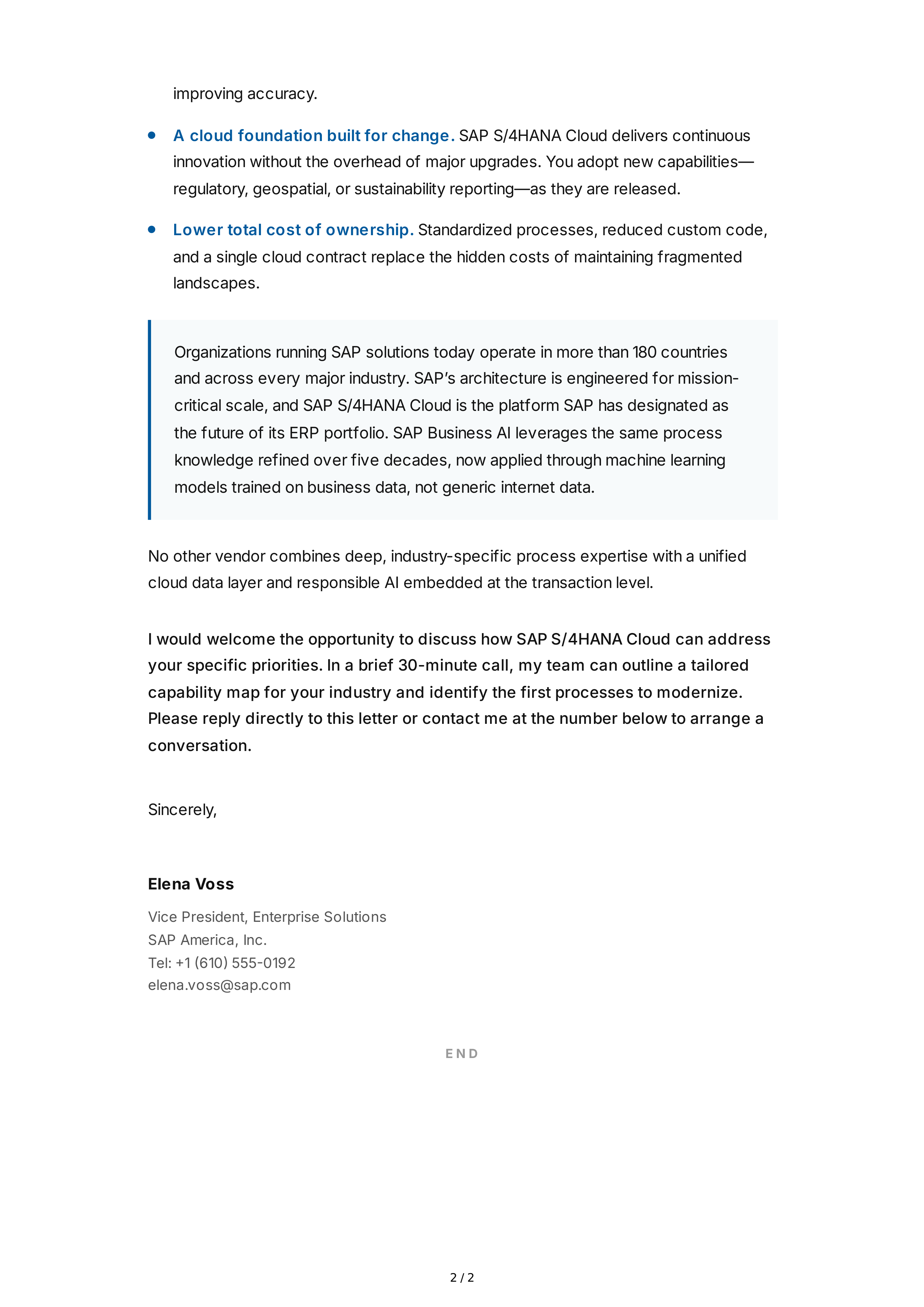 SAP S/4HANA Cloud Sales Letter — page 2