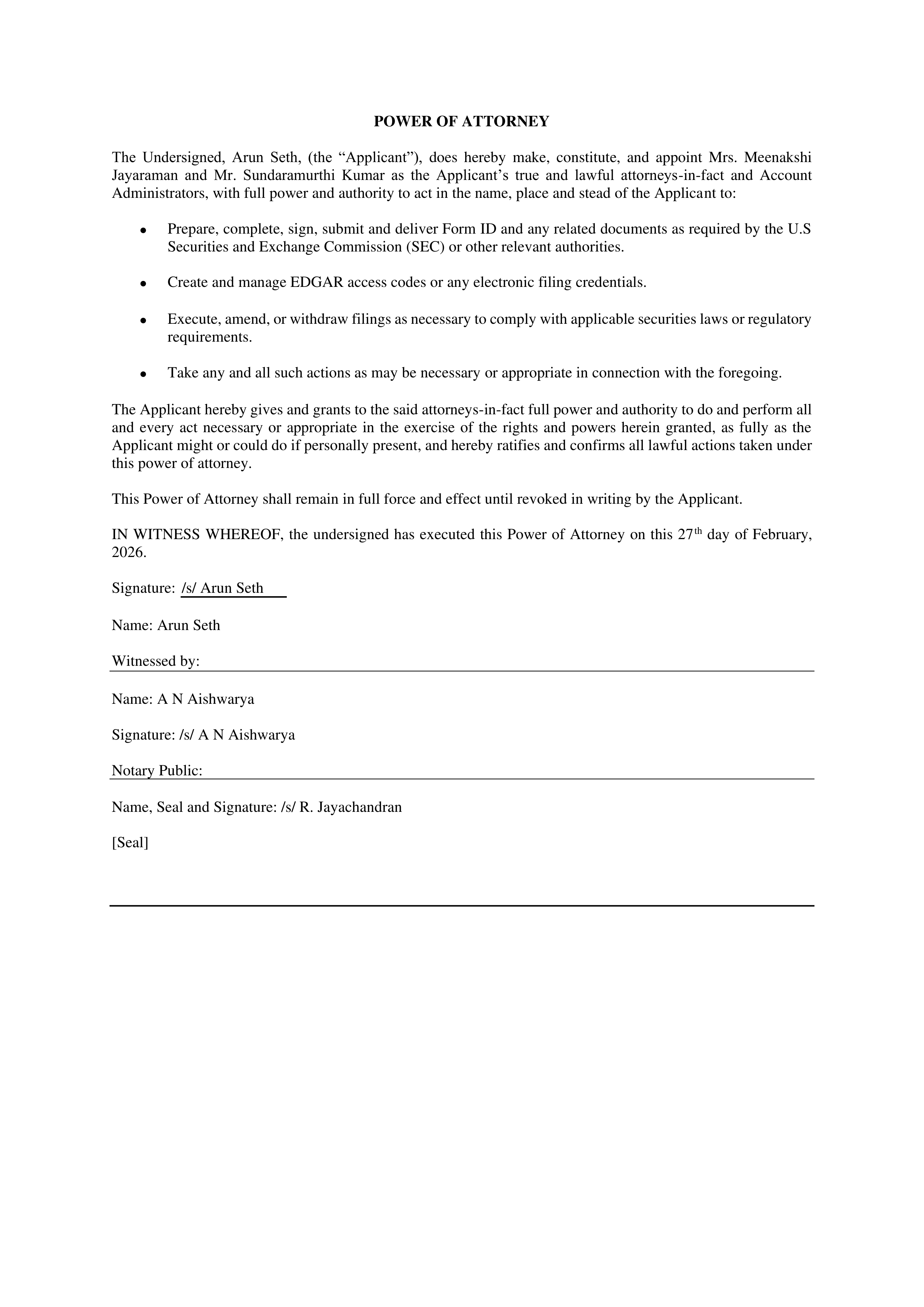 SEC Form ID Power of Attorney — page 1