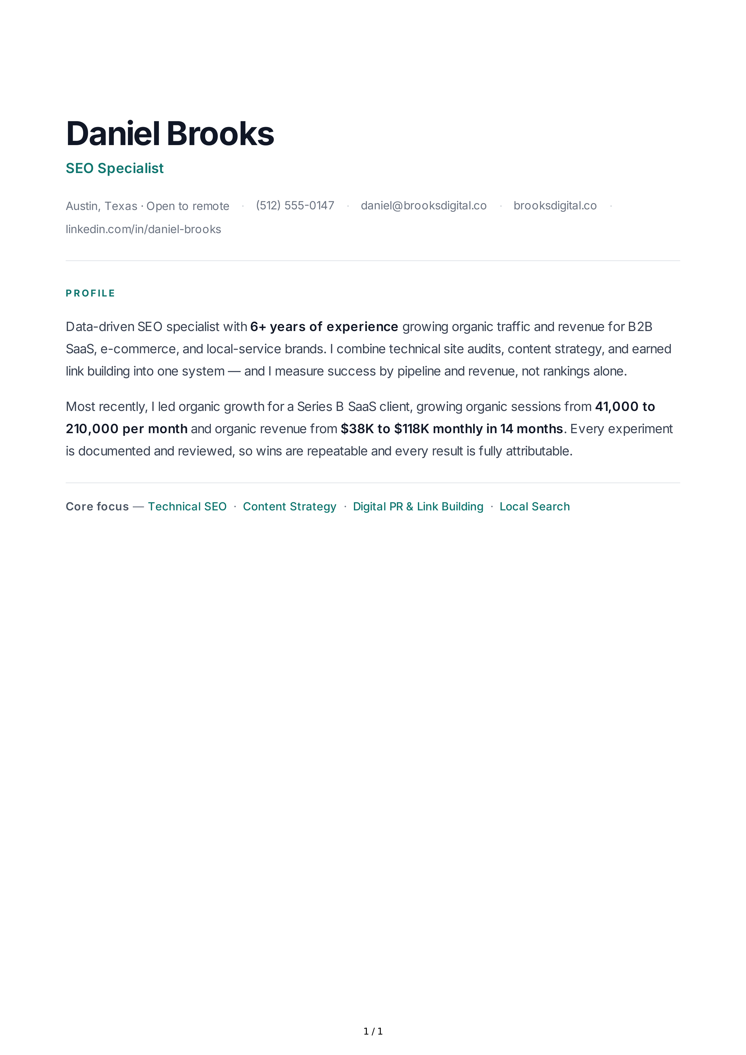 SEO Specialist Resume Profile — page 1