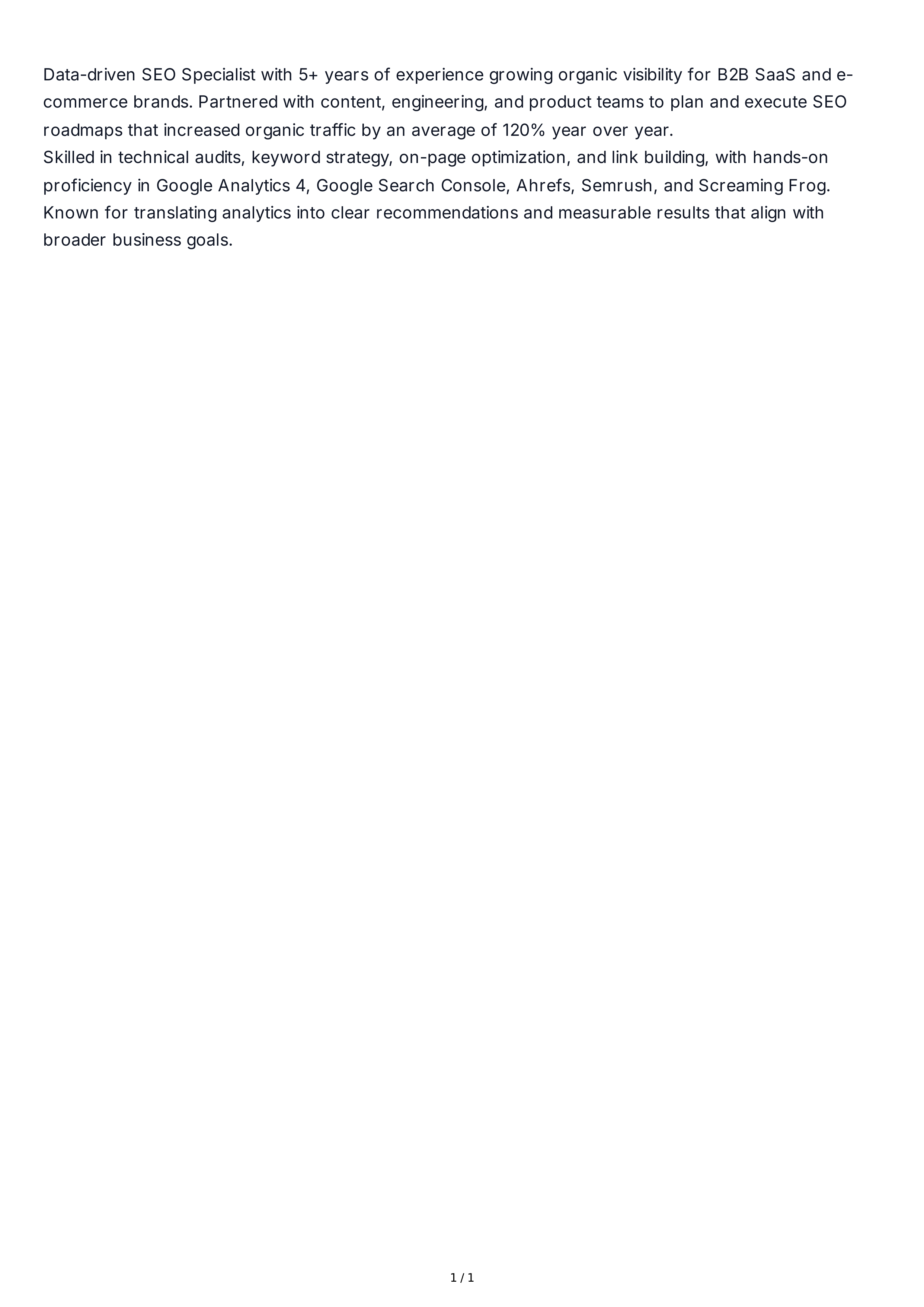 SEO Specialist Resume Summary — page 1