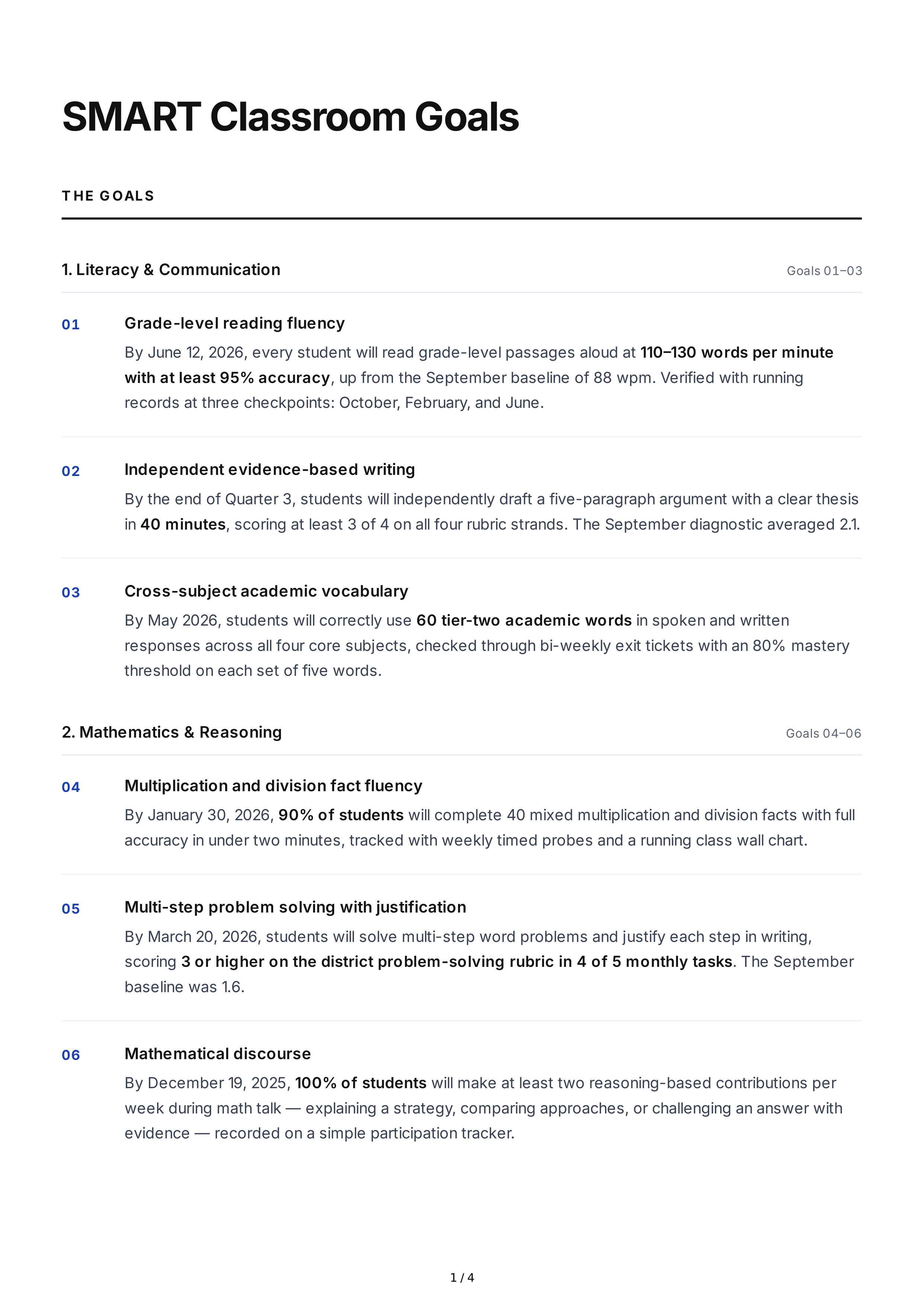 SMART Classroom Goals — page 1