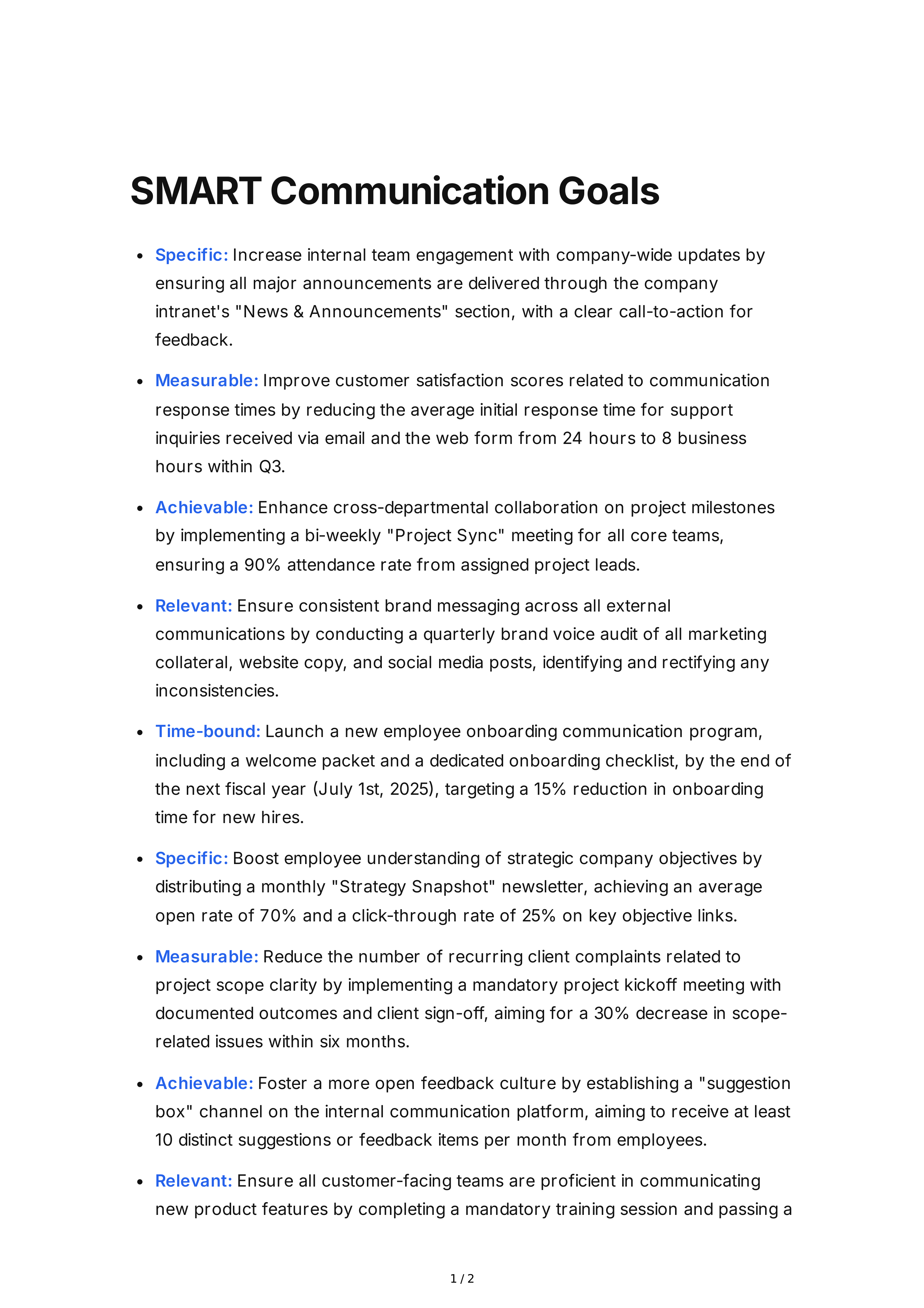 SMART Communication Goals — page 1