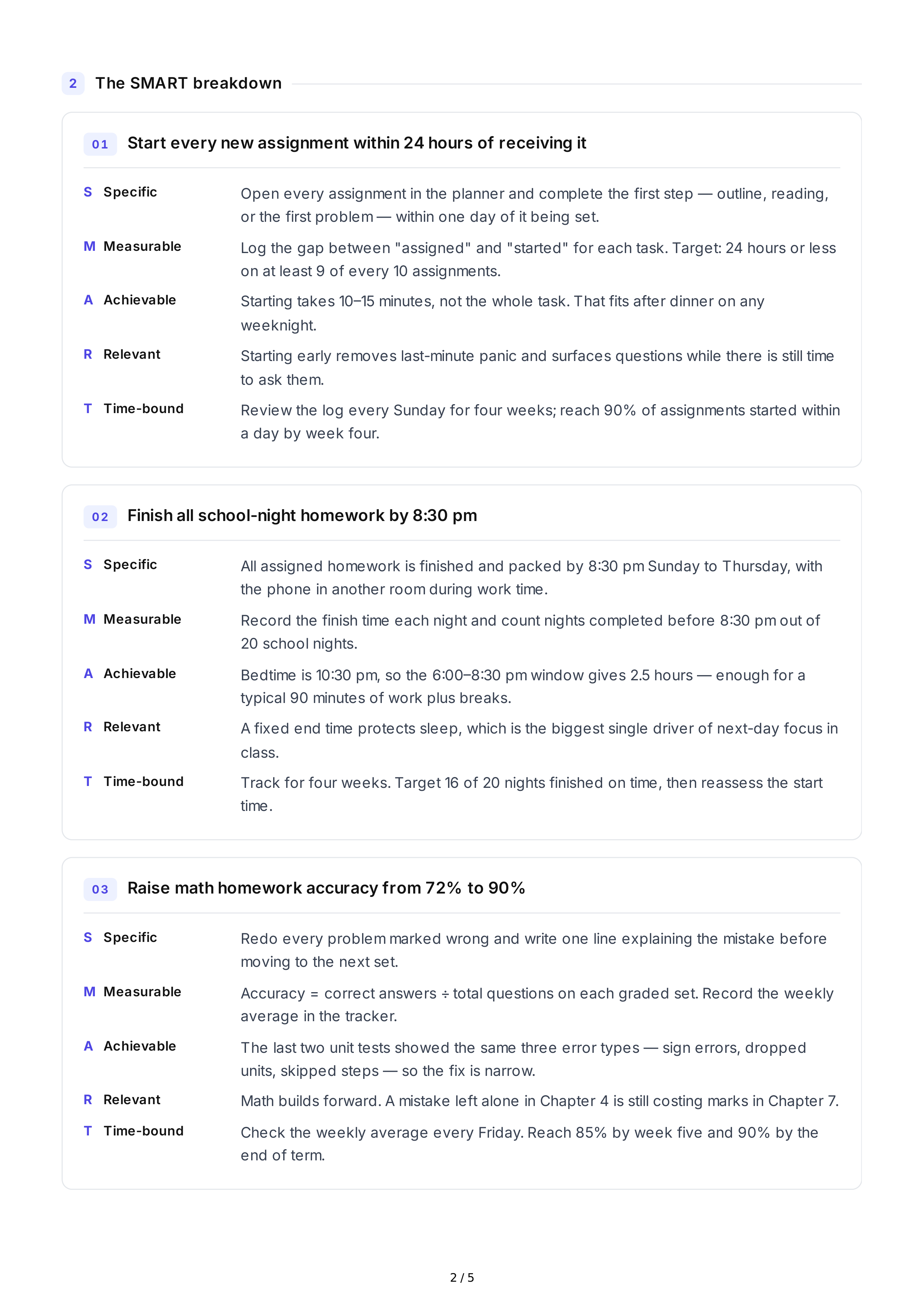 SMART Homework Goals — page 2
