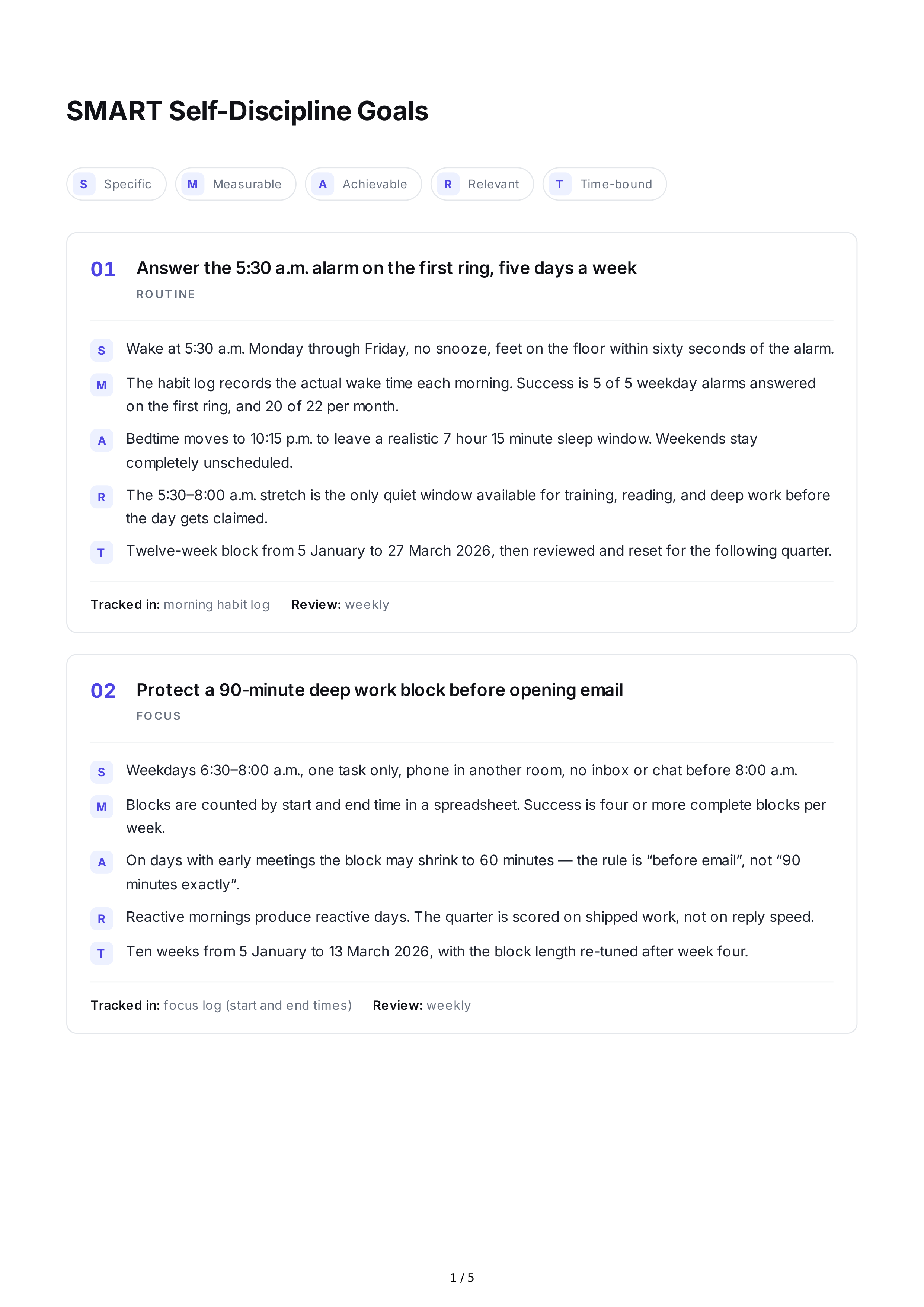 SMART Self-Discipline Goals — page 1