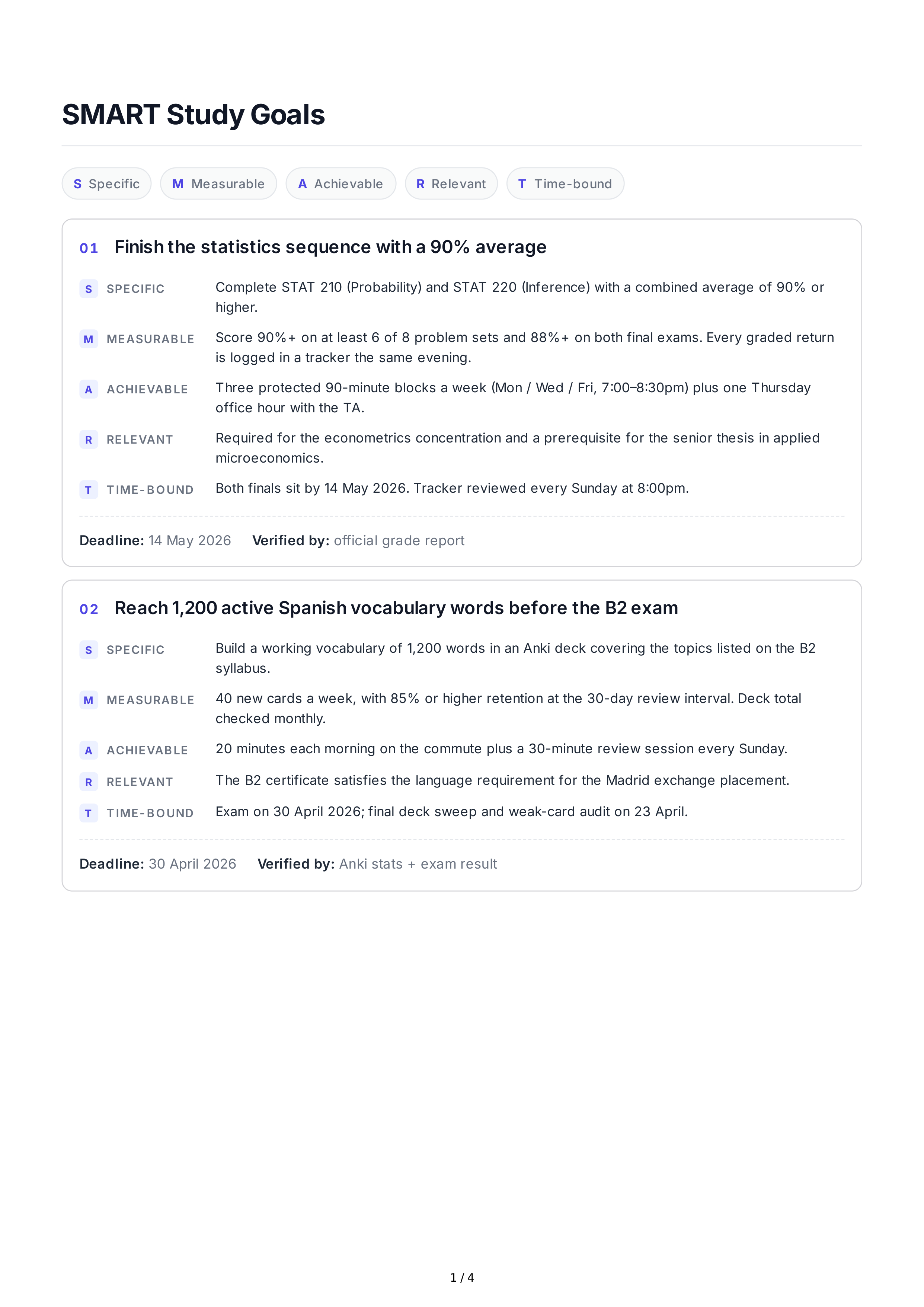 SMART Study Goals — page 1
