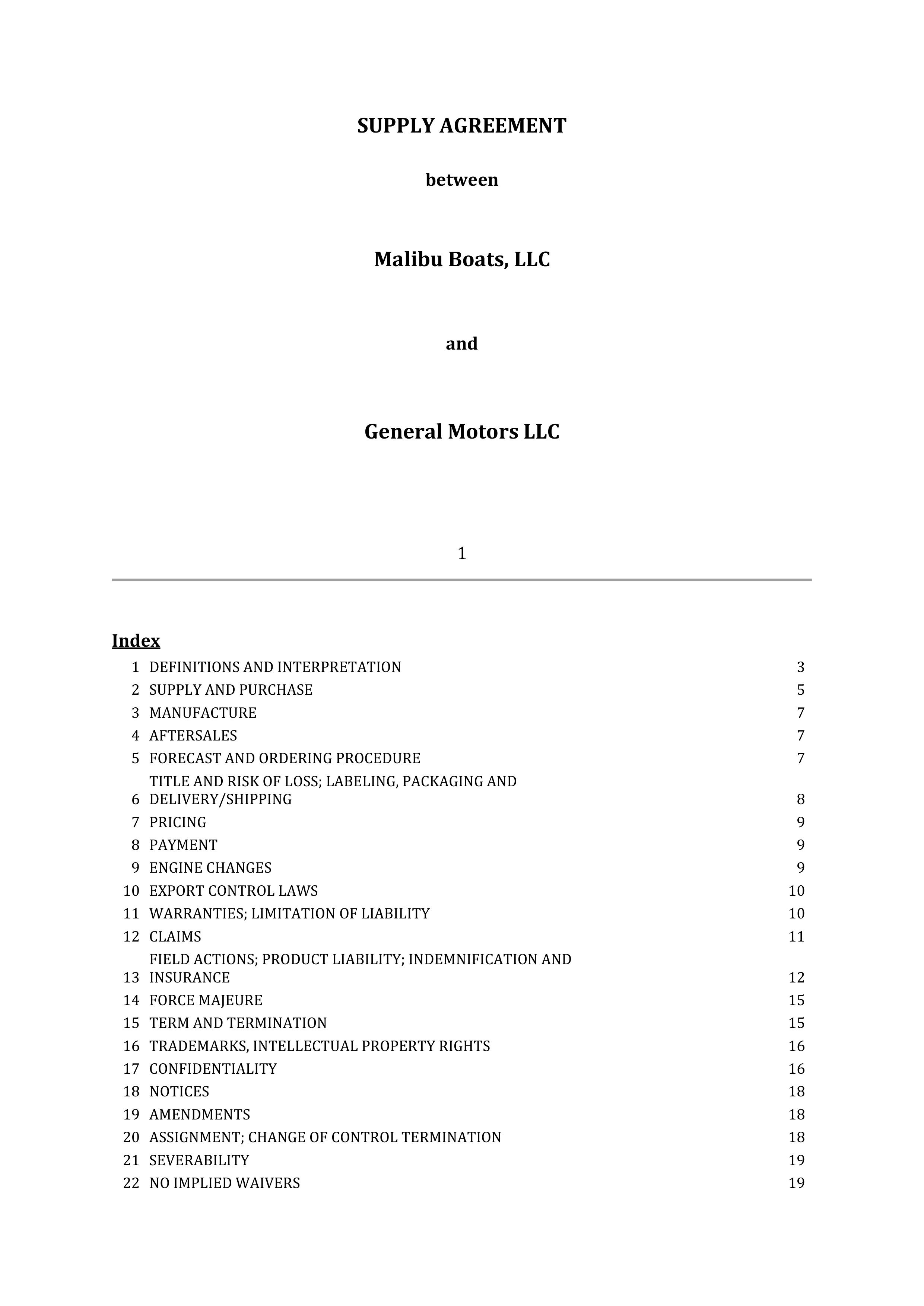 SUPPLY AGREEMENT between Malibu Boats, LLC and General Motors LLC — page 1