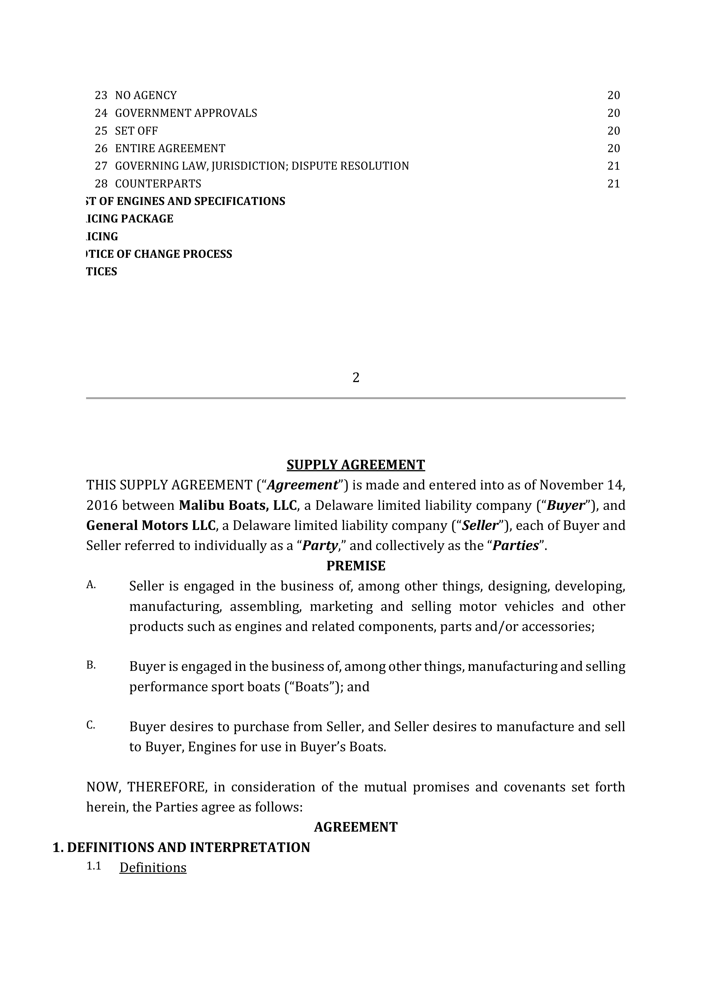 SUPPLY AGREEMENT between Malibu Boats, LLC and General Motors LLC — page 2