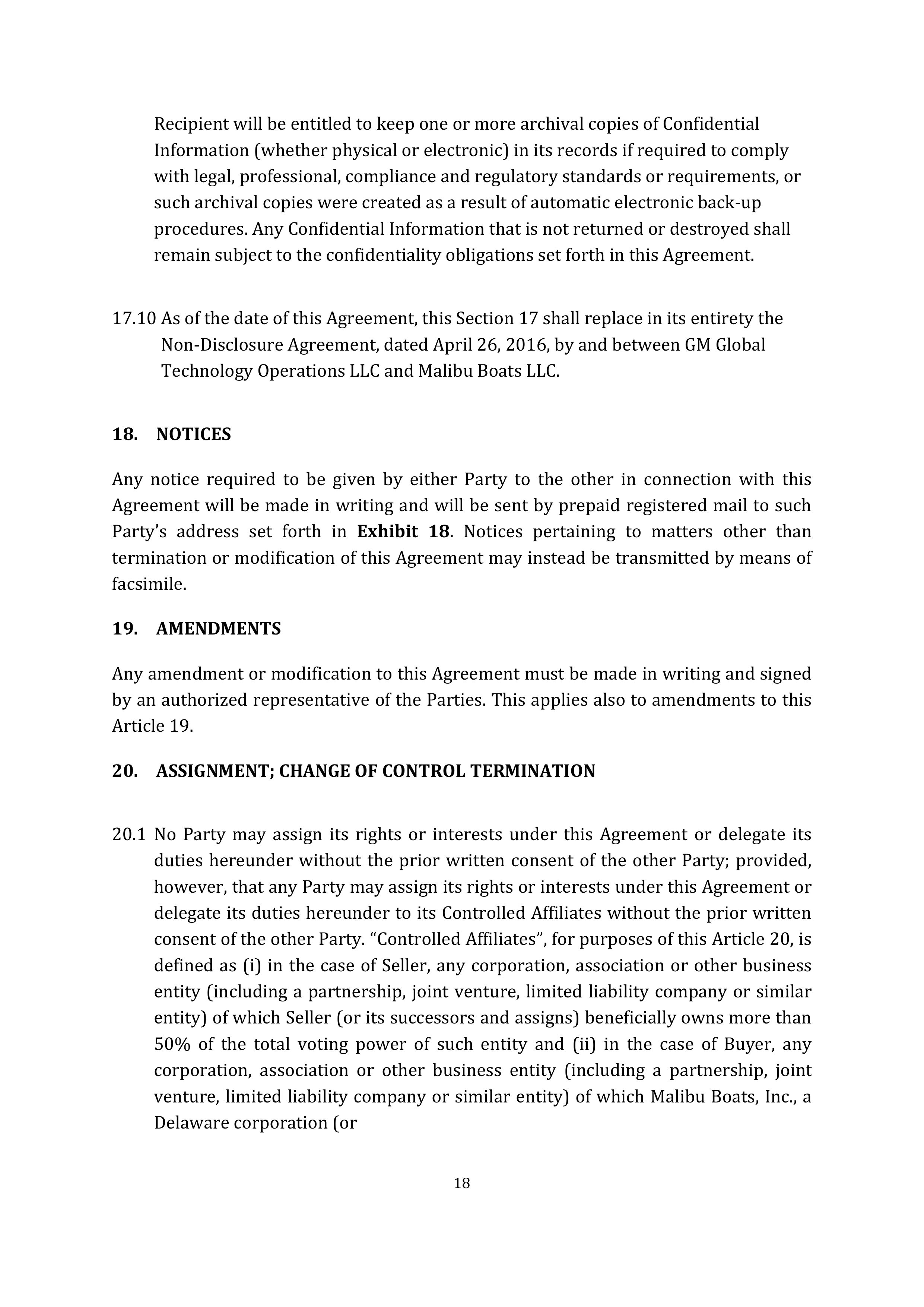 SUPPLY AGREEMENT between Malibu Boats, LLC and General Motors LLC — page 22