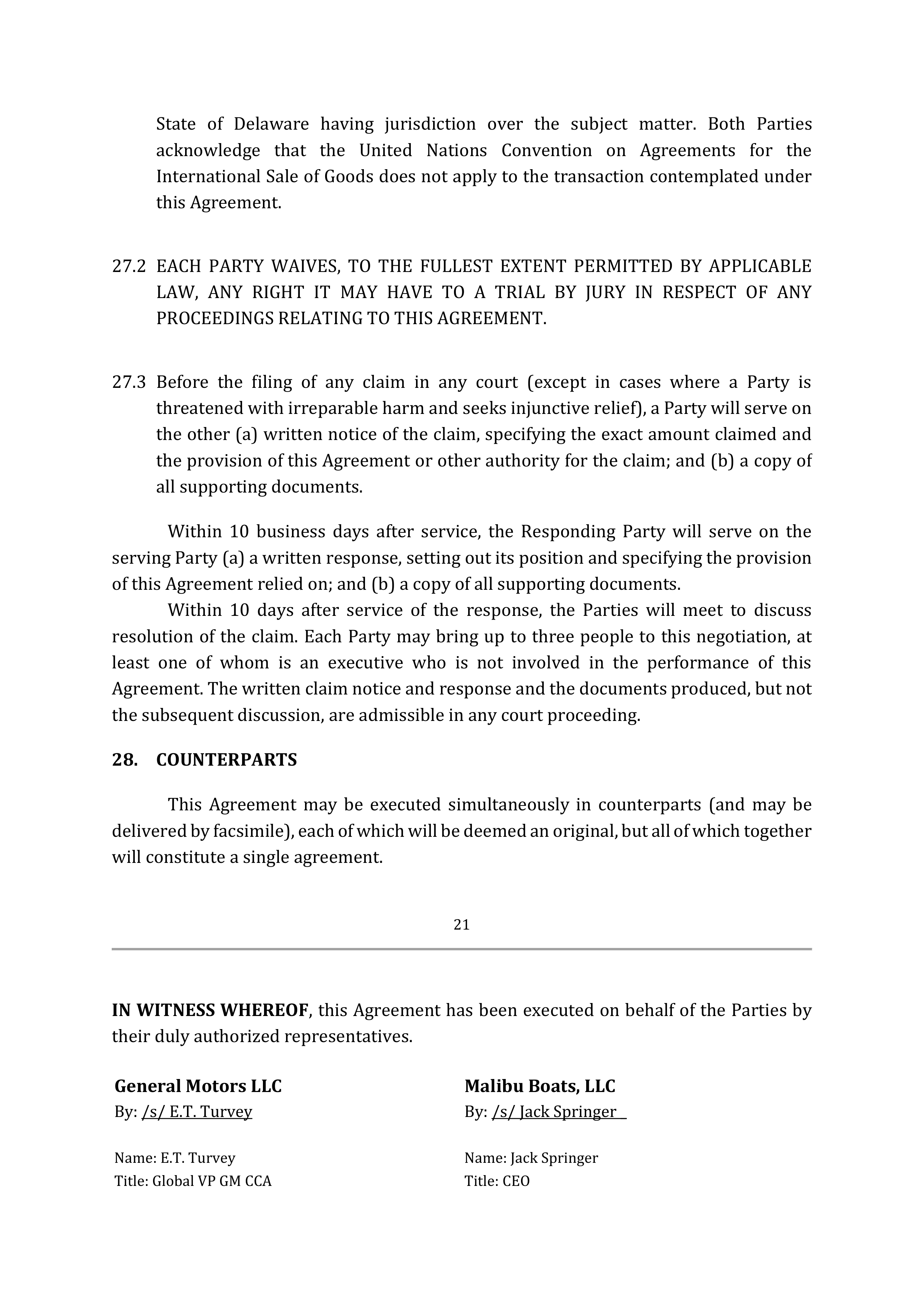 SUPPLY AGREEMENT between Malibu Boats, LLC and General Motors LLC — page 26