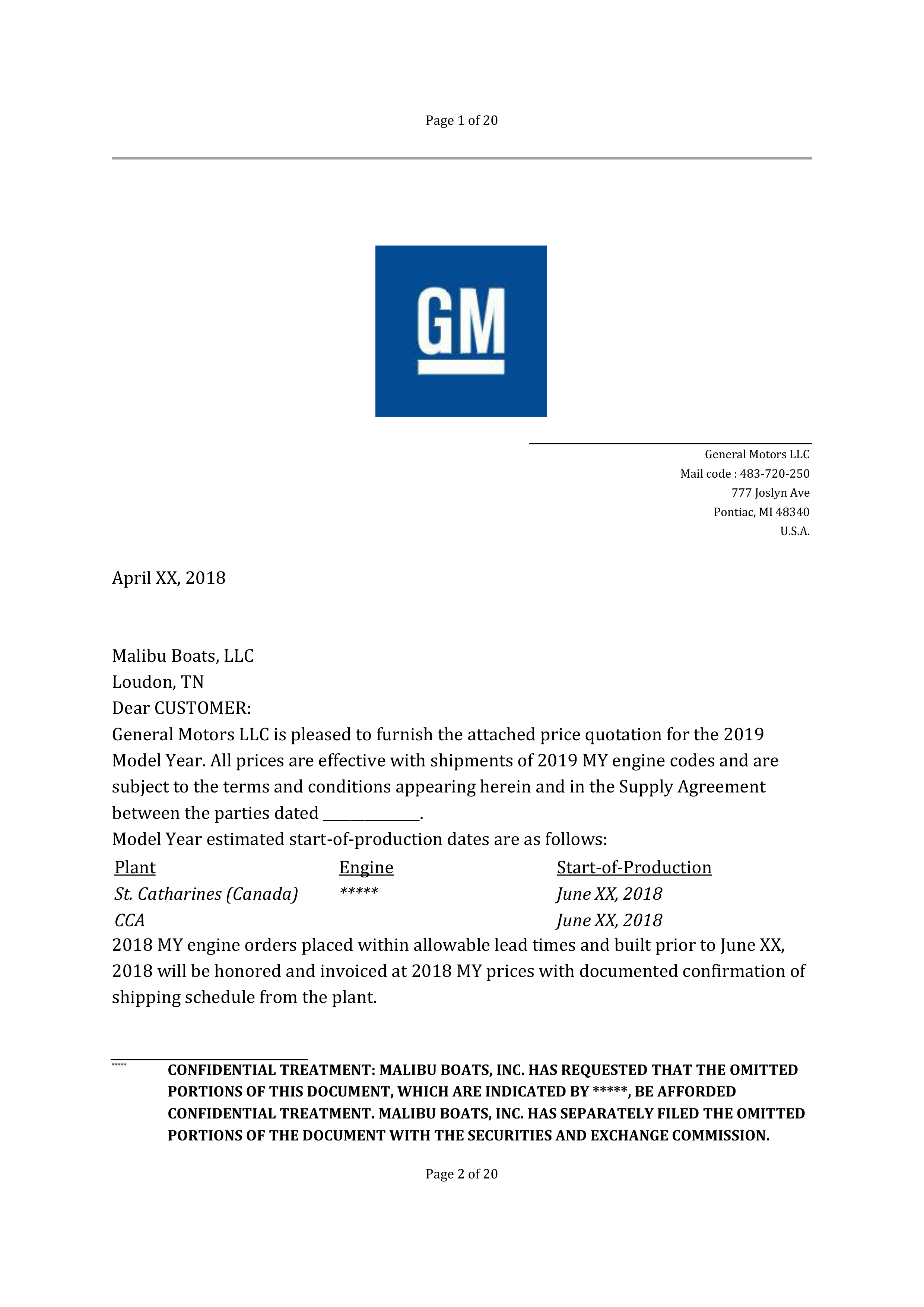 SUPPLY AGREEMENT between Malibu Boats, LLC and General Motors LLC — page 29
