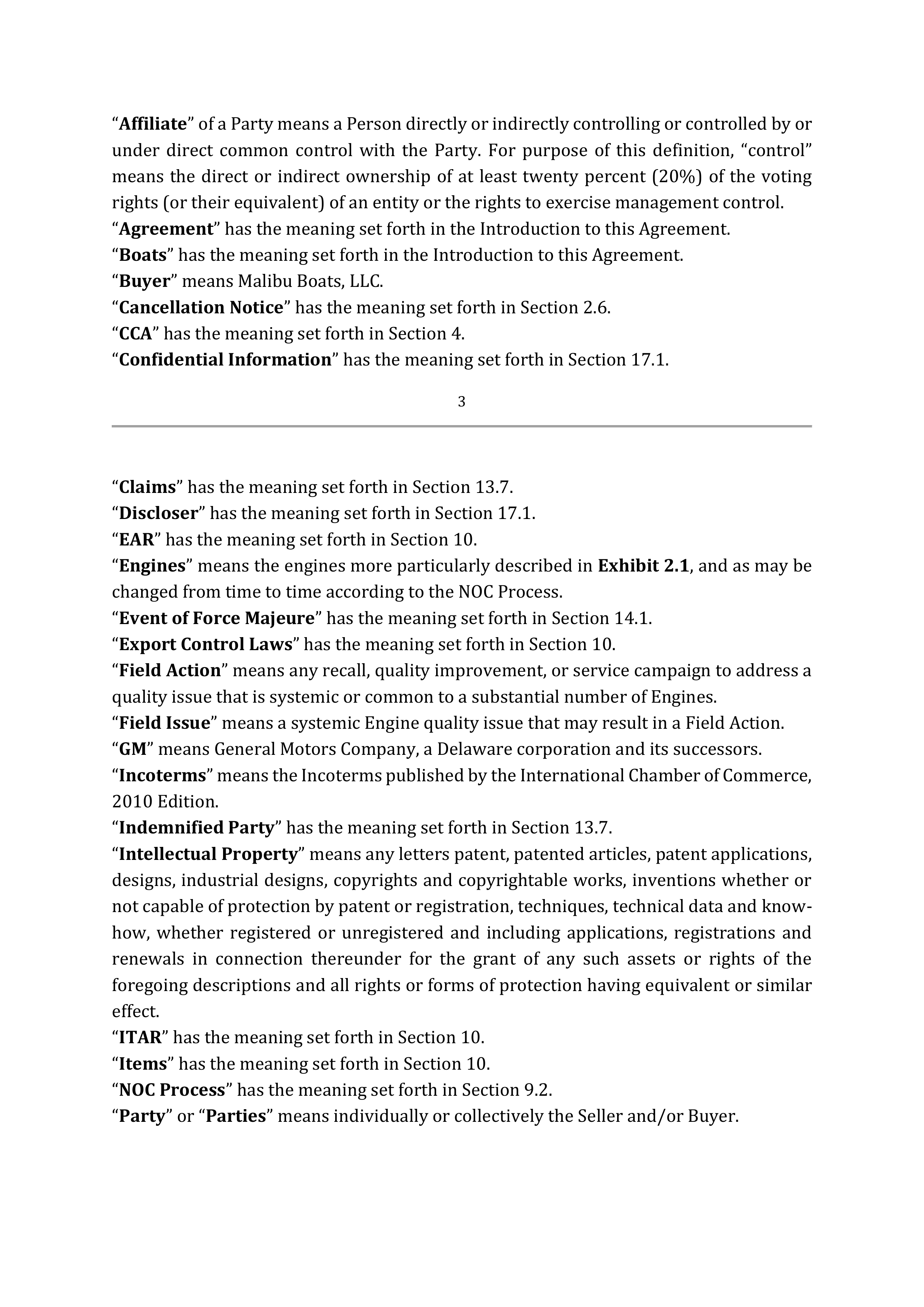 SUPPLY AGREEMENT between Malibu Boats, LLC and General Motors LLC — page 3