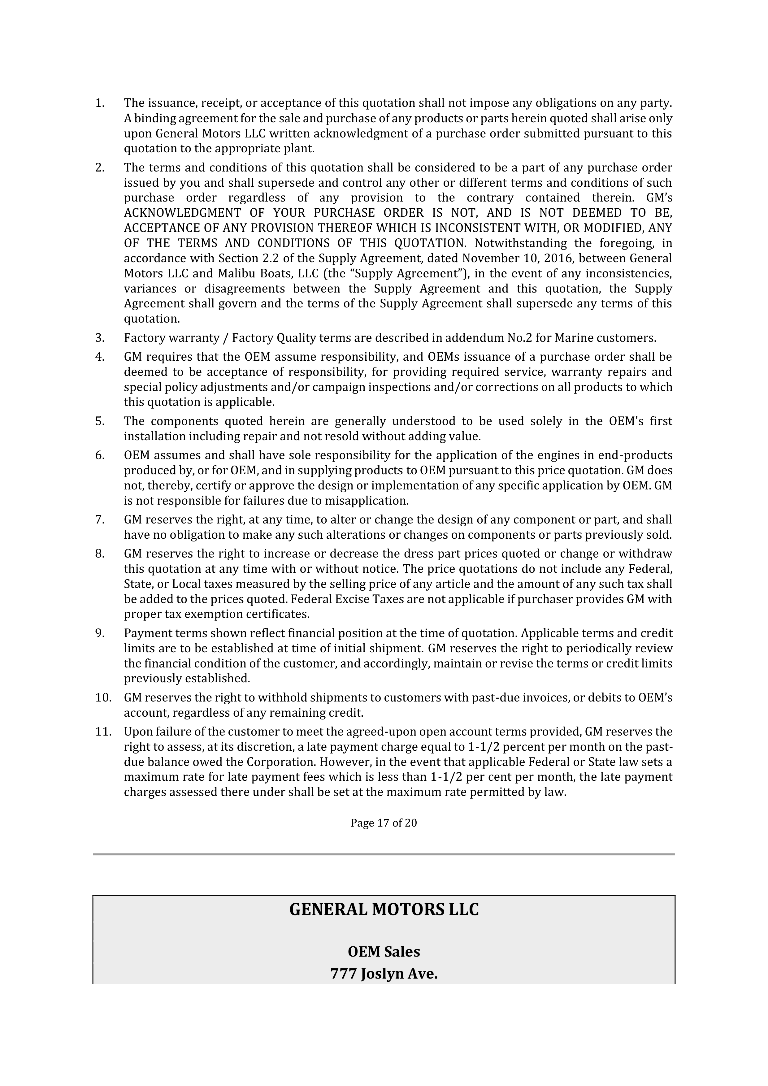 SUPPLY AGREEMENT between Malibu Boats, LLC and General Motors LLC — page 43