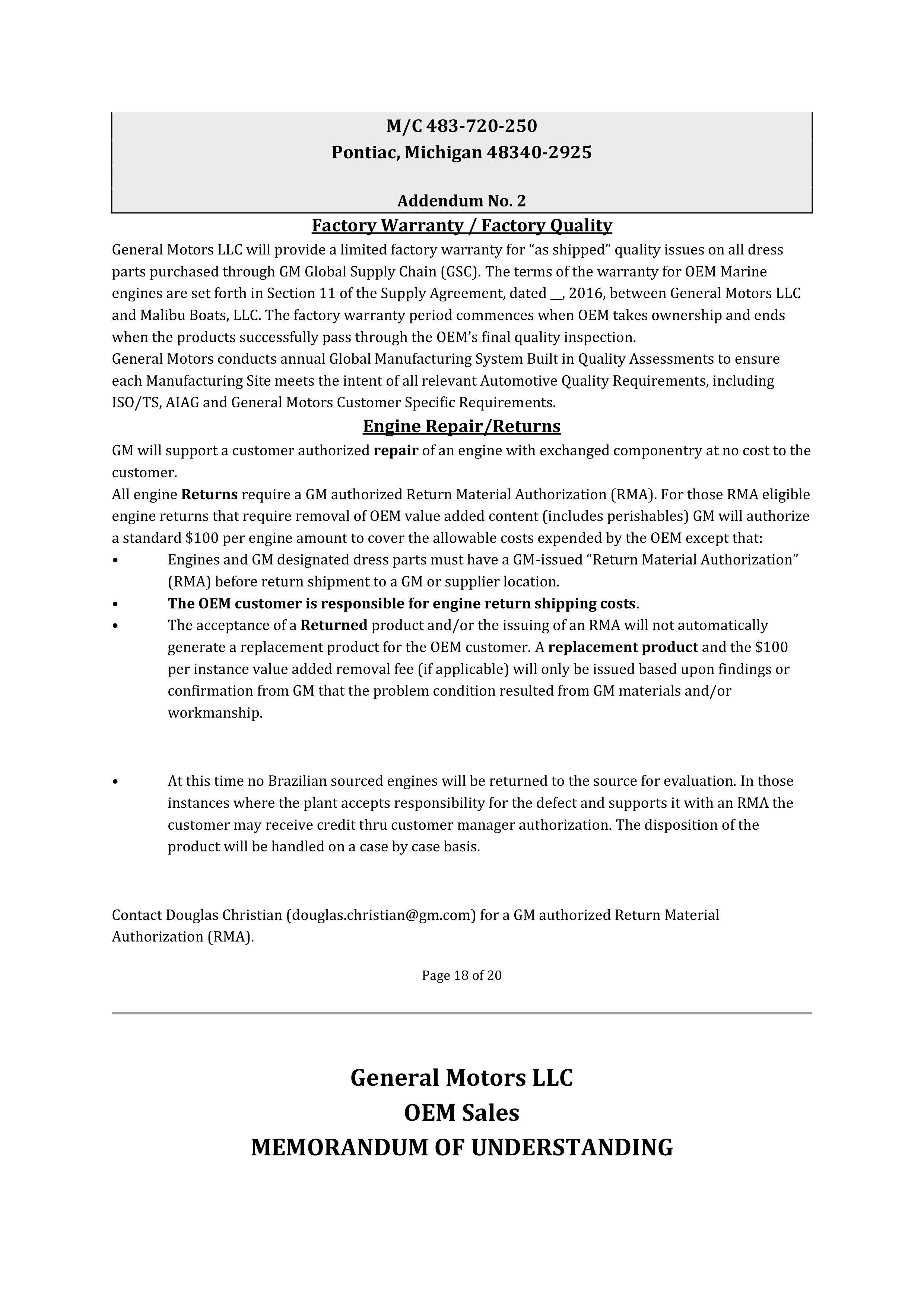 SUPPLY AGREEMENT between Malibu Boats, LLC and General Motors LLC — page 44