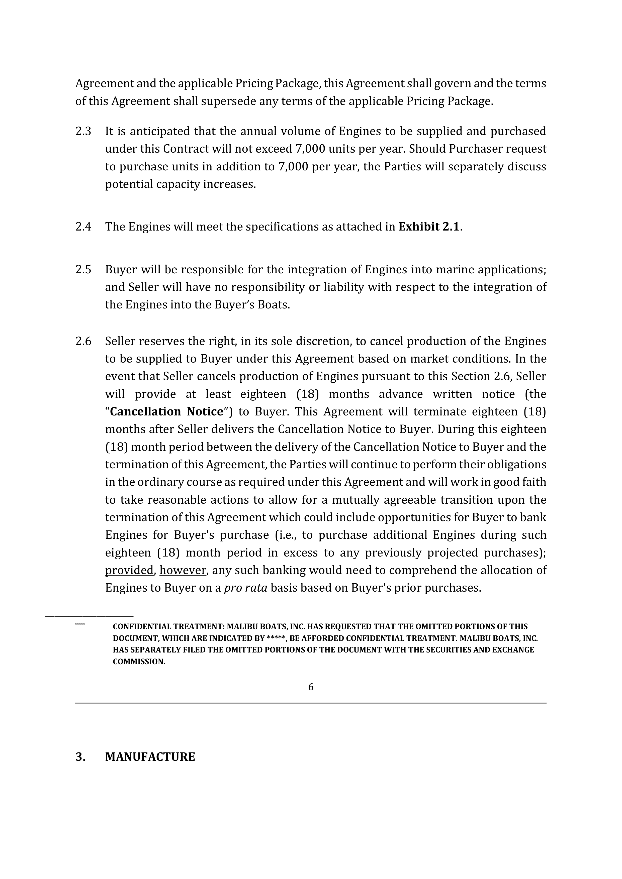 SUPPLY AGREEMENT between Malibu Boats, LLC and General Motors LLC — page 6