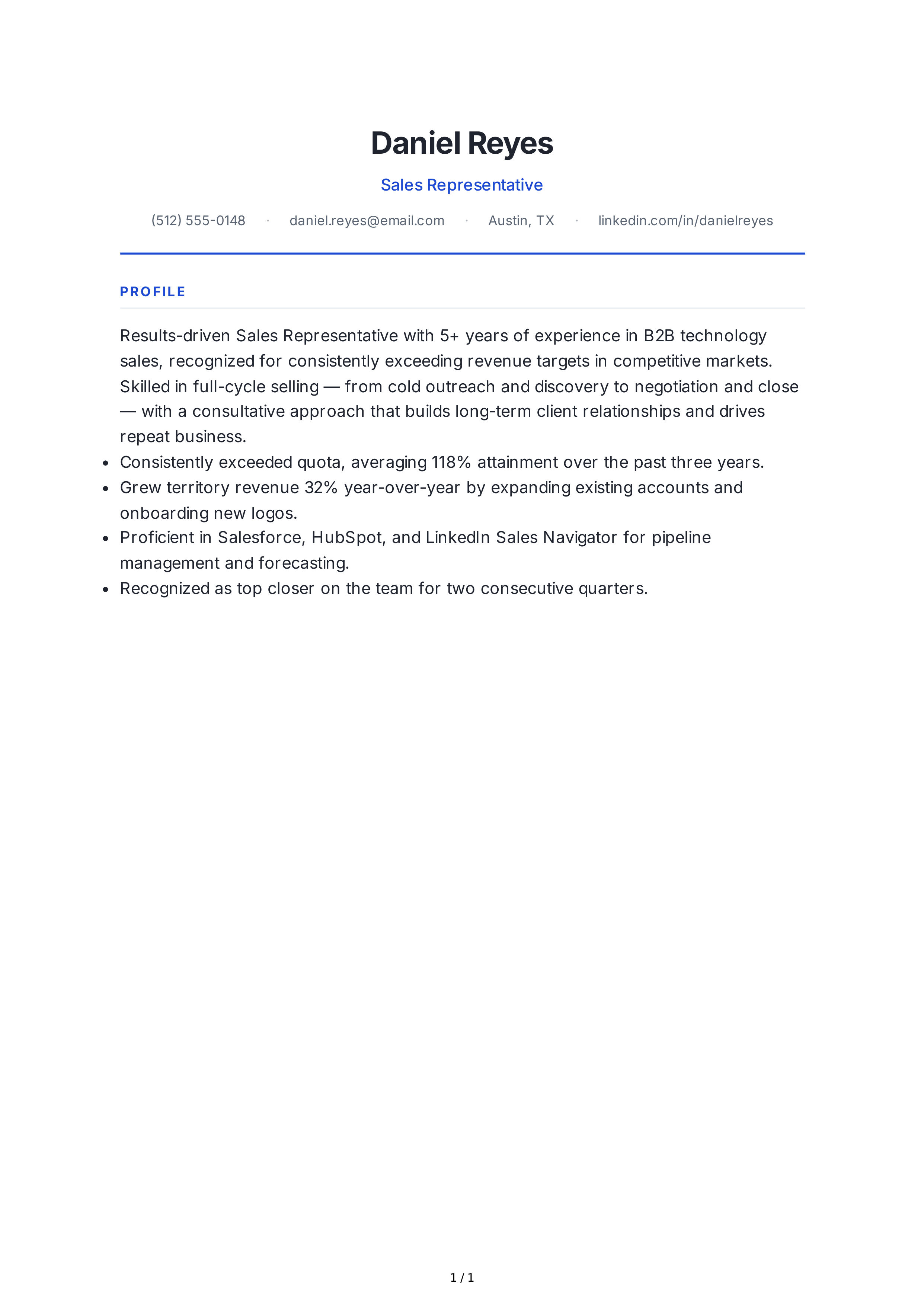 Sales Representative Resume Profile — page 1