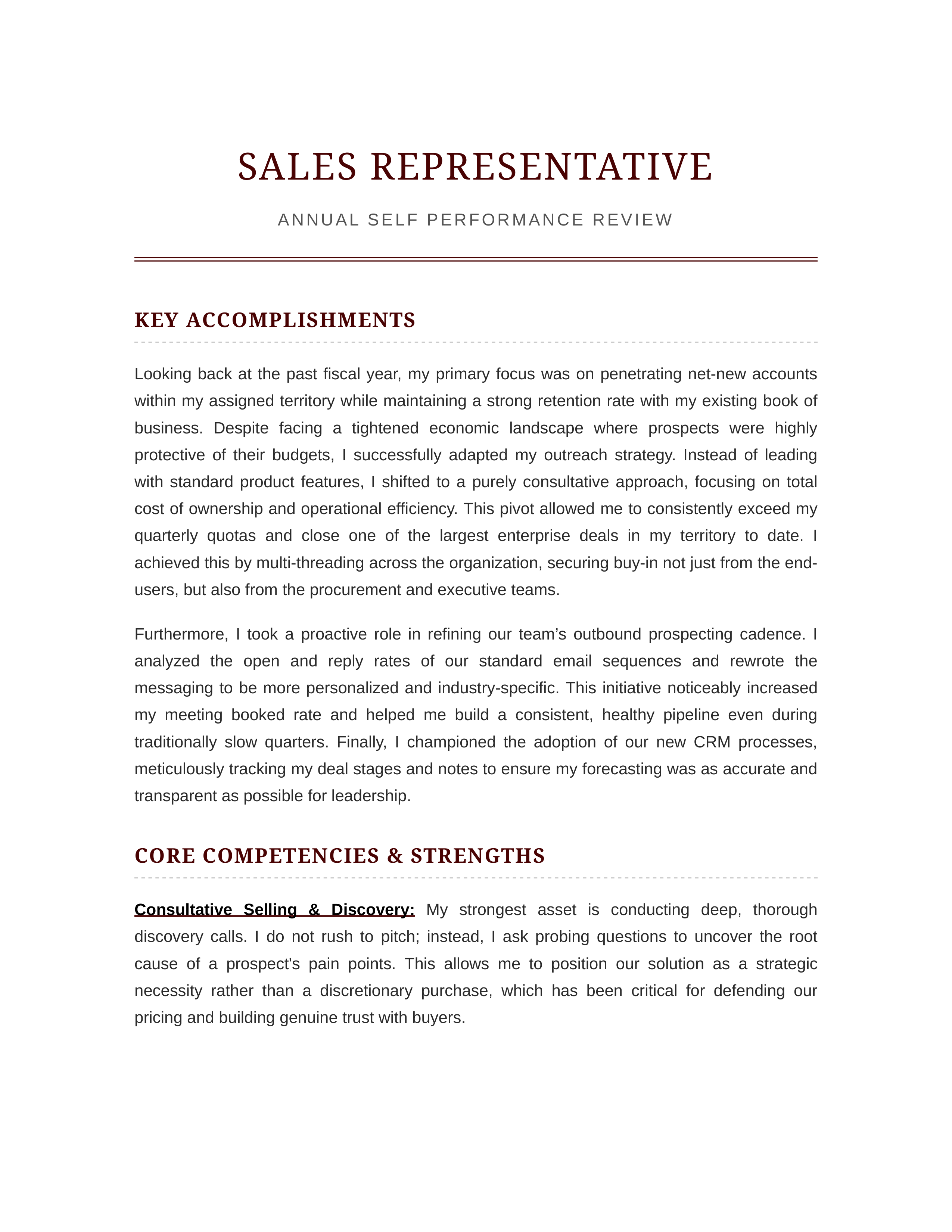 Sales Representative Self Performance Review — page 1