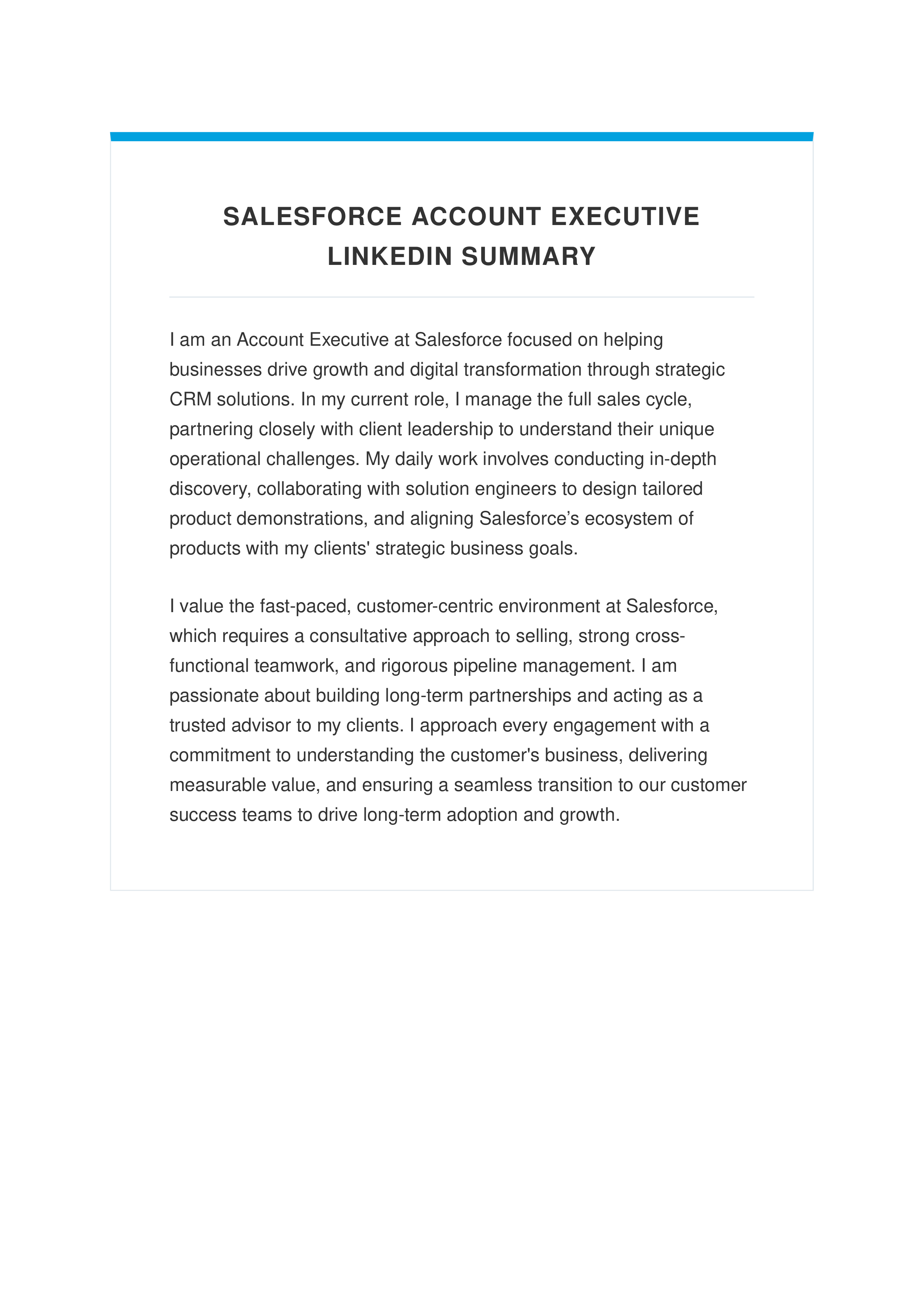 Salesforce Account Executive LinkedIn Summary — page 1