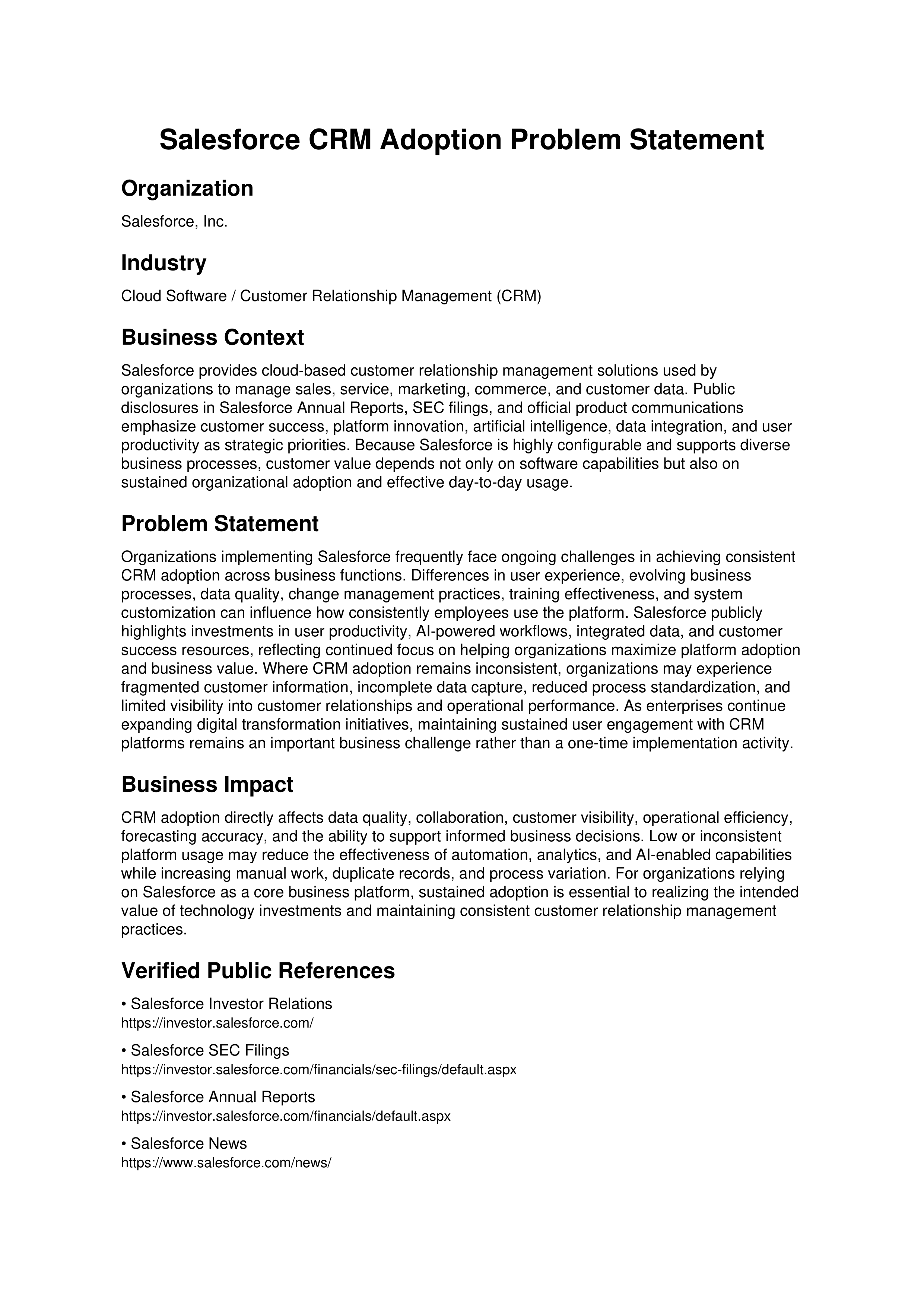 Salesforce CRM Adoption Problem Statement — page 1