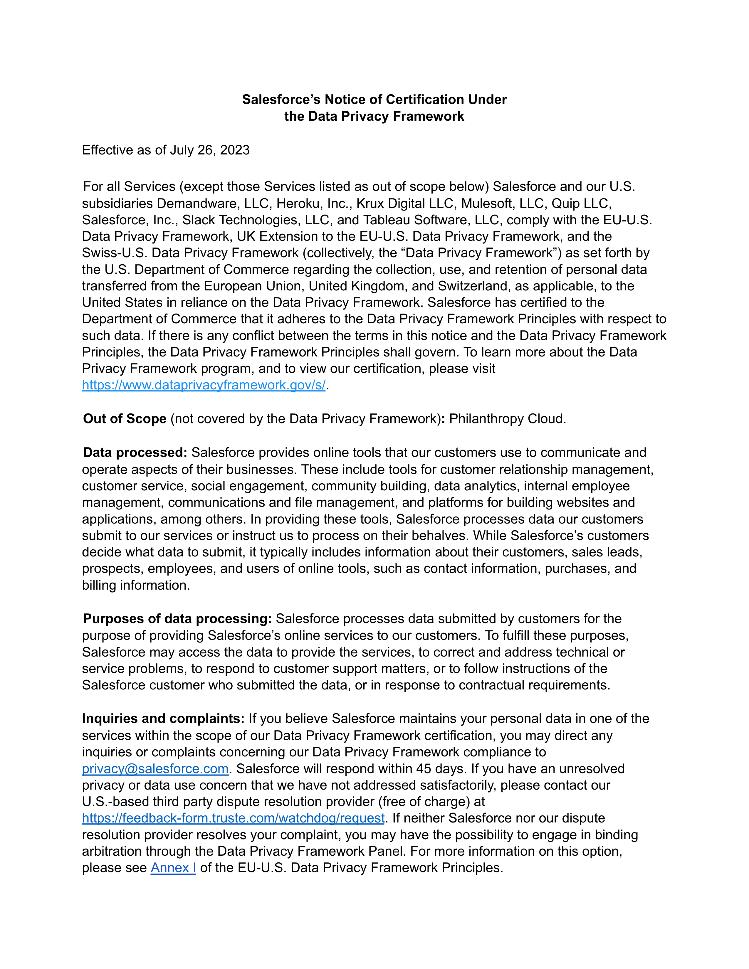 Salesforce Data Privacy Framework Certification Notice — page 1
