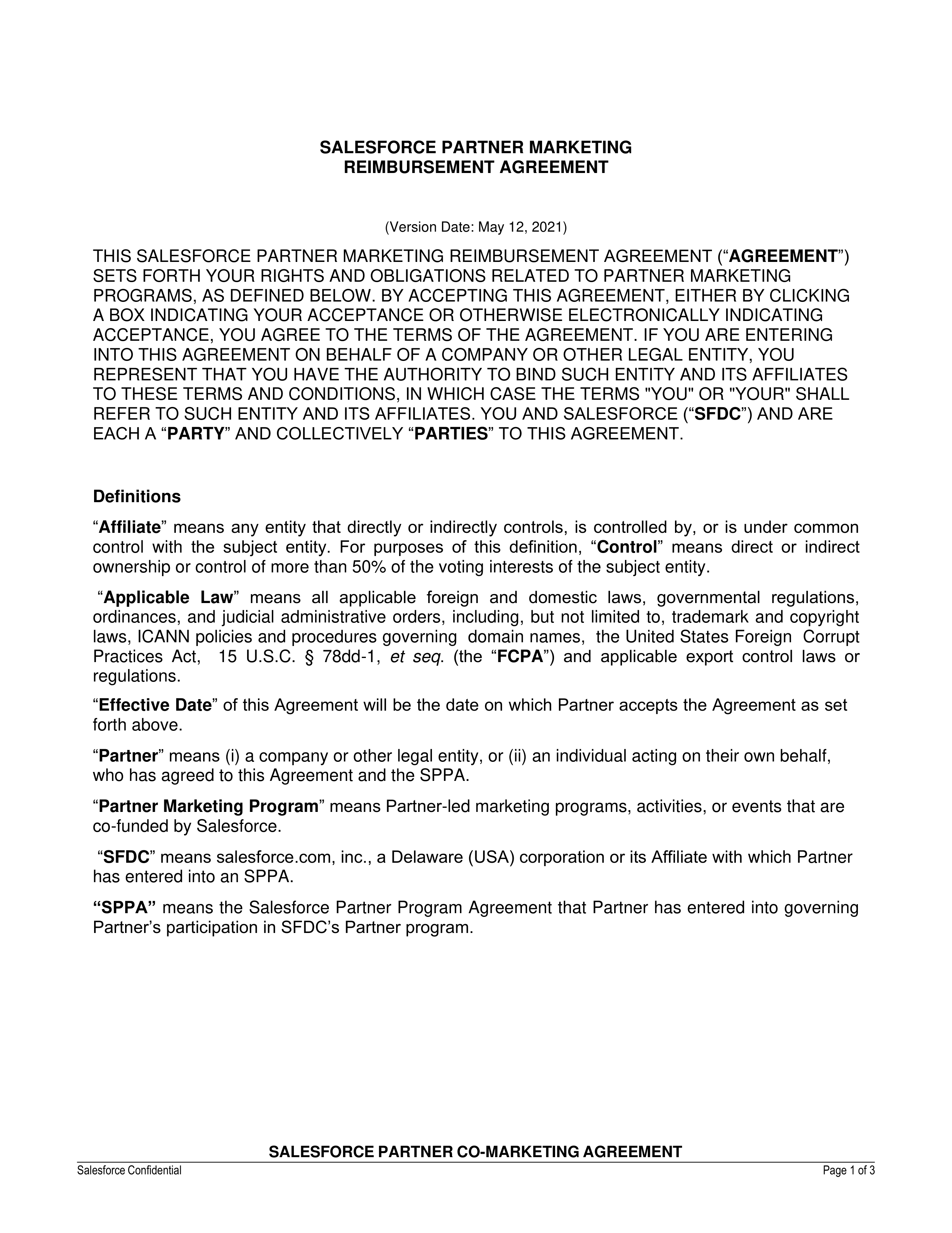 Salesforce Partner Marketing Reimbursement Agreement — page 1