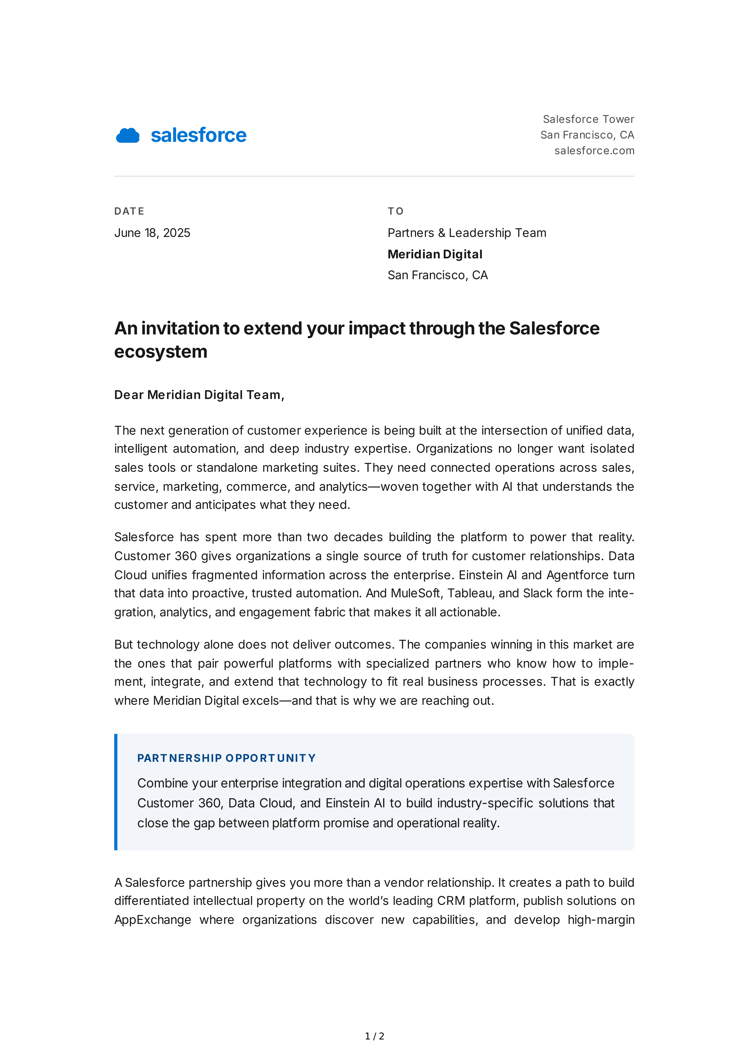 Salesforce Partner Sales Letter — page 1