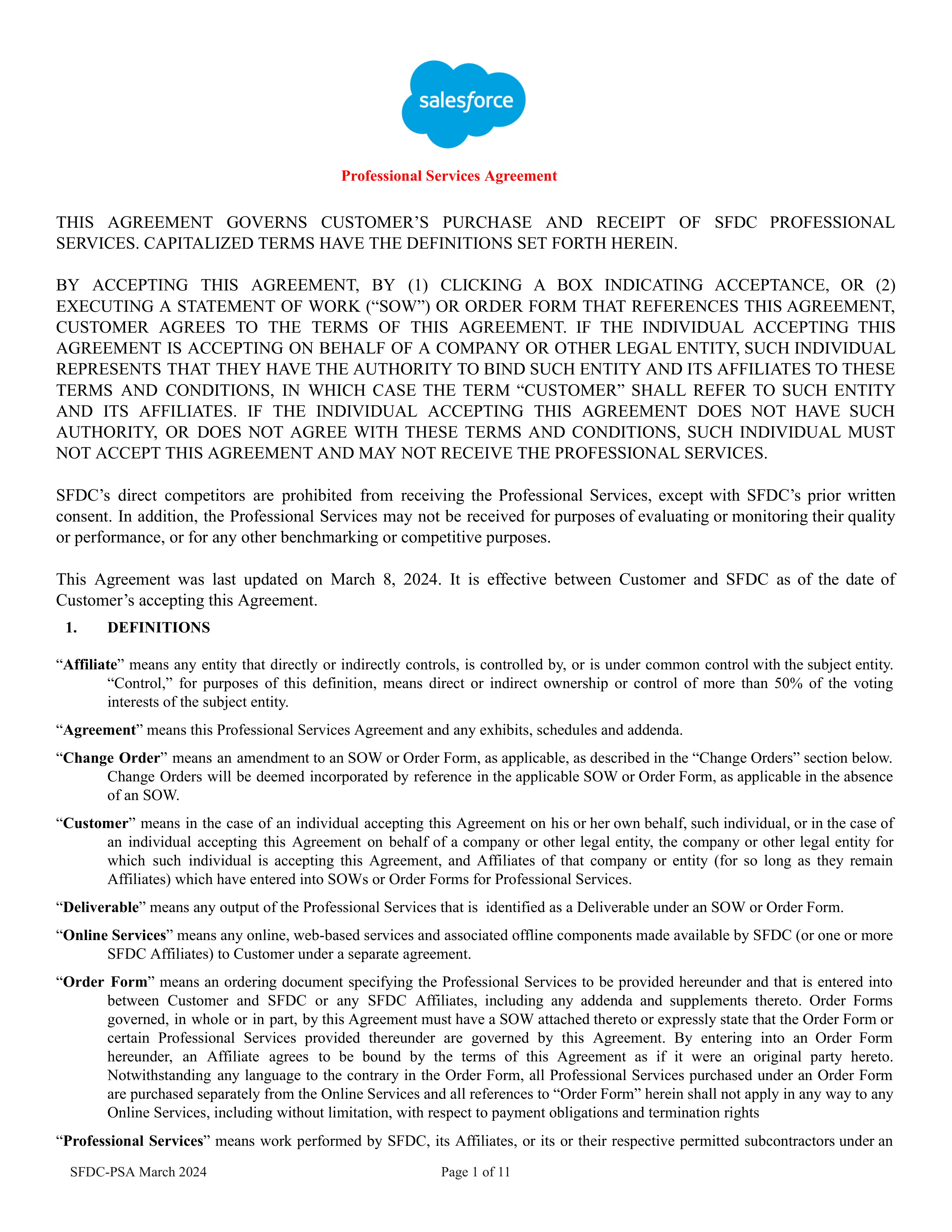 Salesforce Professional Services Agreement — page 1