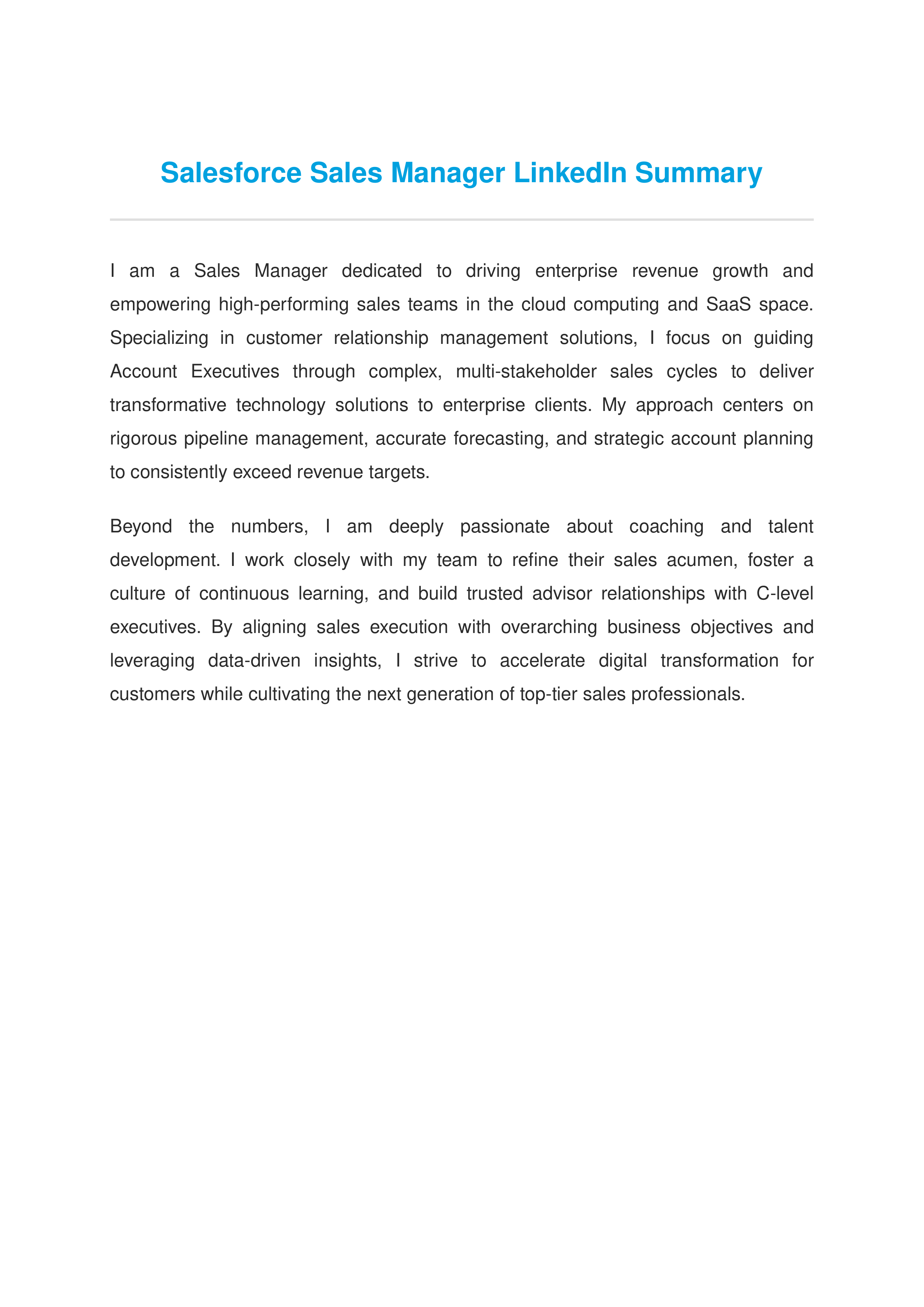 Salesforce Sales Manager LinkedIn Summary — page 1