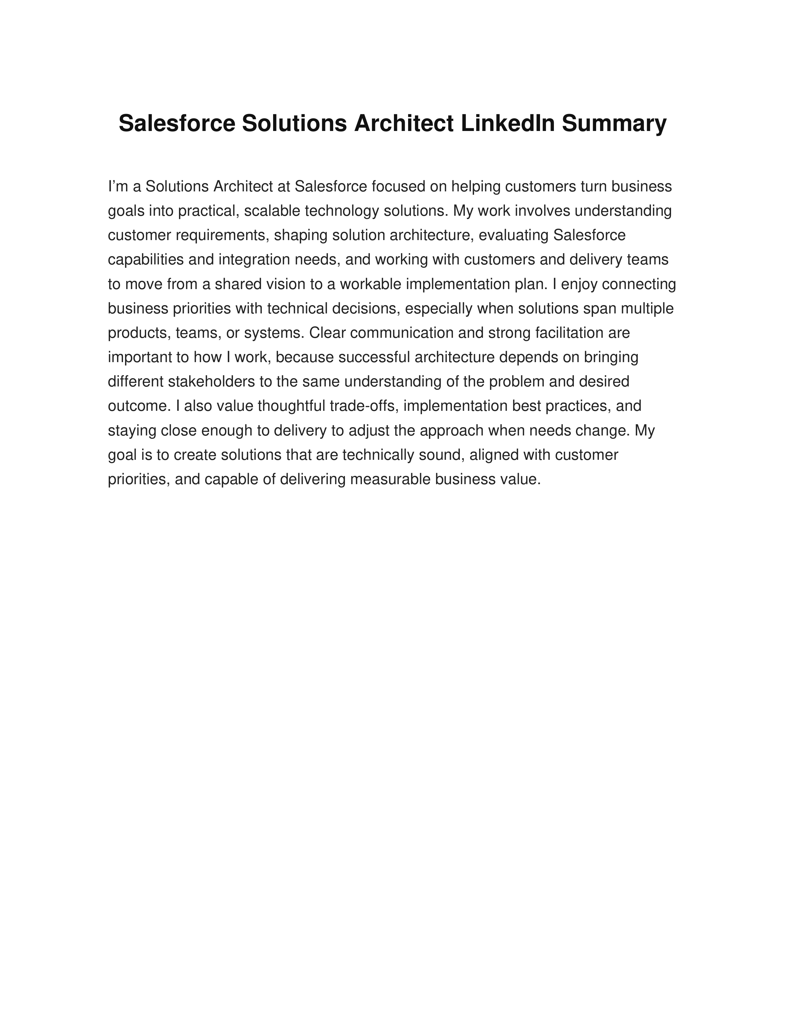 Salesforce Solutions Architect LinkedIn Summary — page 1
