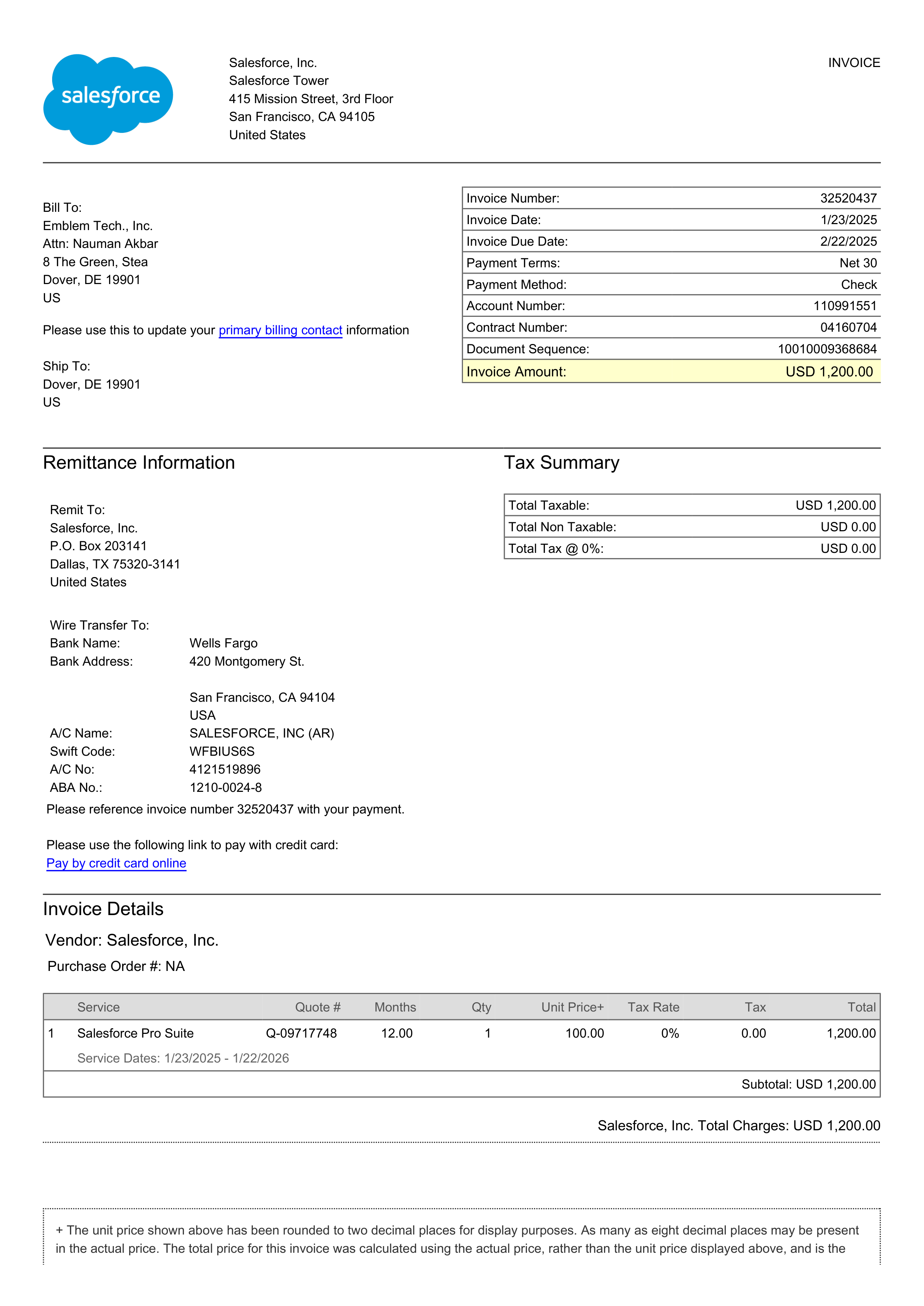 Salesforce Subscription Invoice — page 1