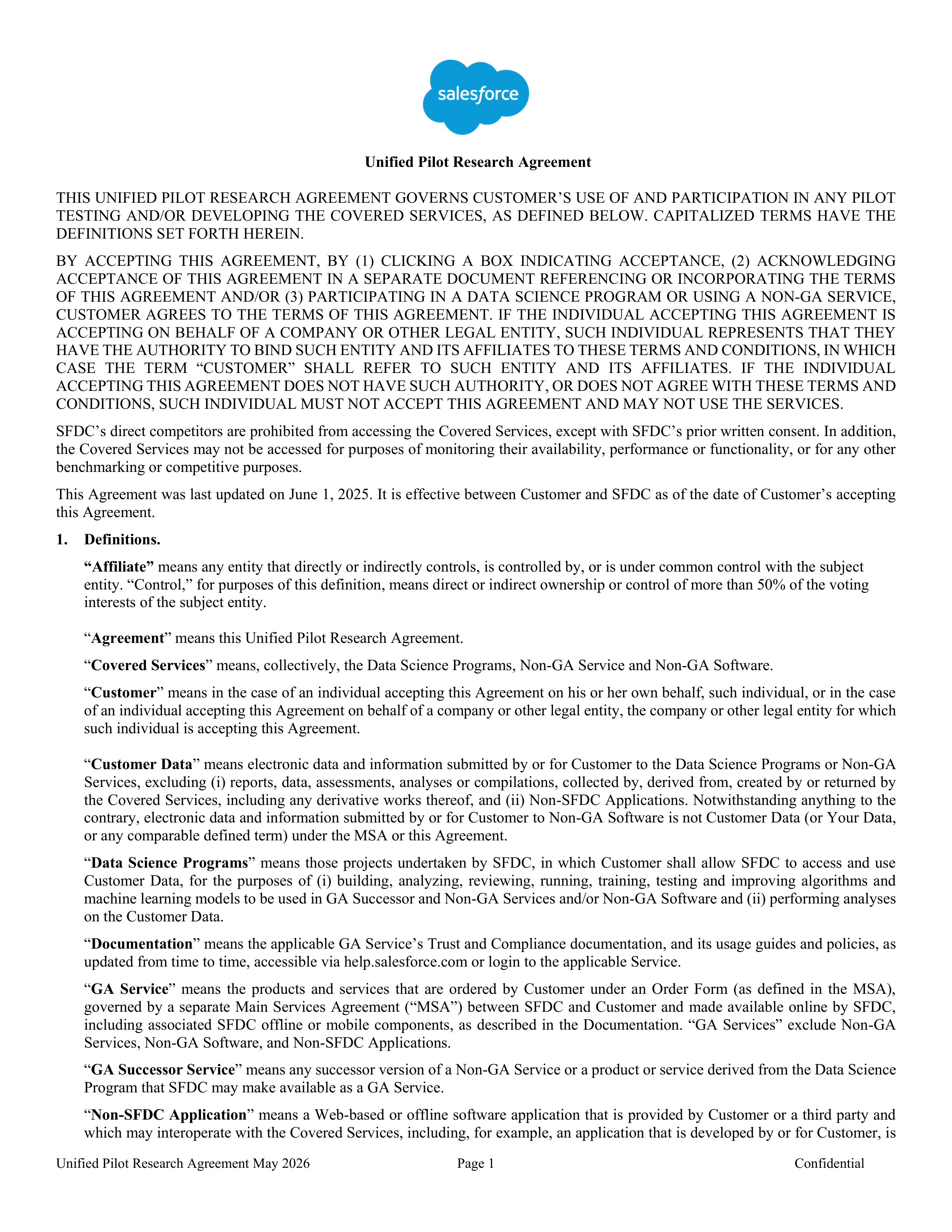 Salesforce Unified Pilot Research Agreement — page 1
