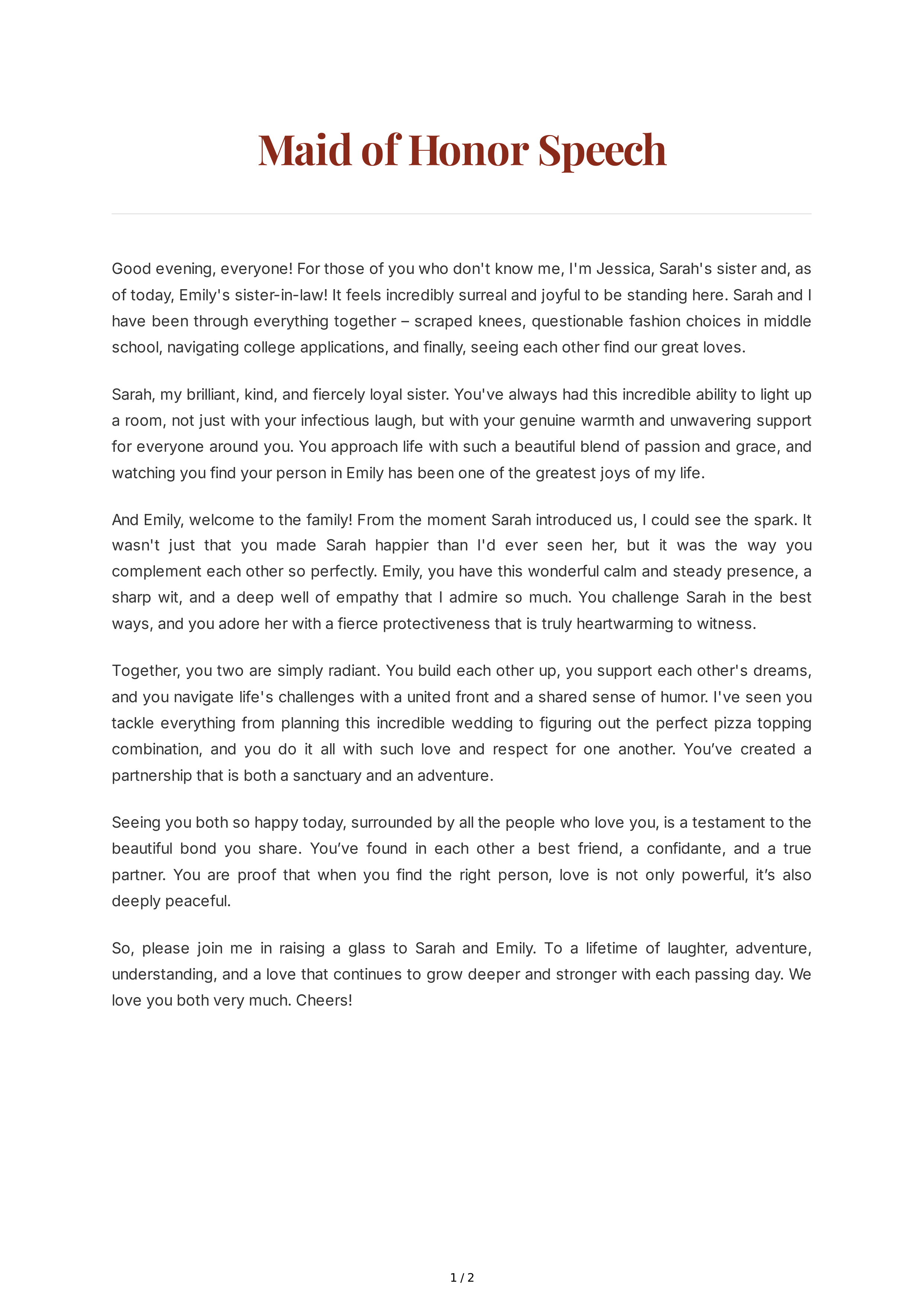 Same-Sex Wedding Maid of Honor Speech — page 1