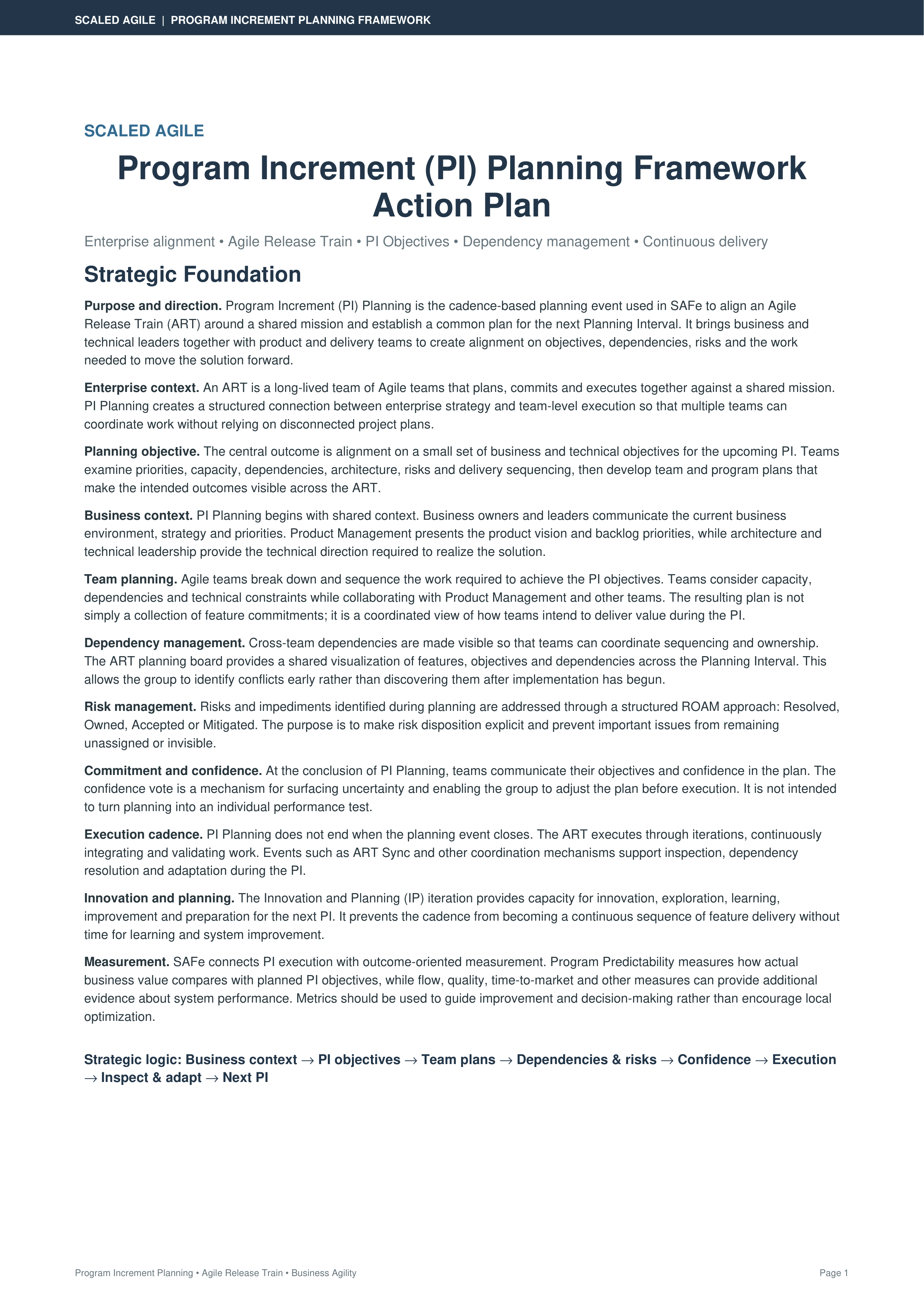 Scaled Agile Academy Program Increment (PI) Planning Framework Action Plan — page 1