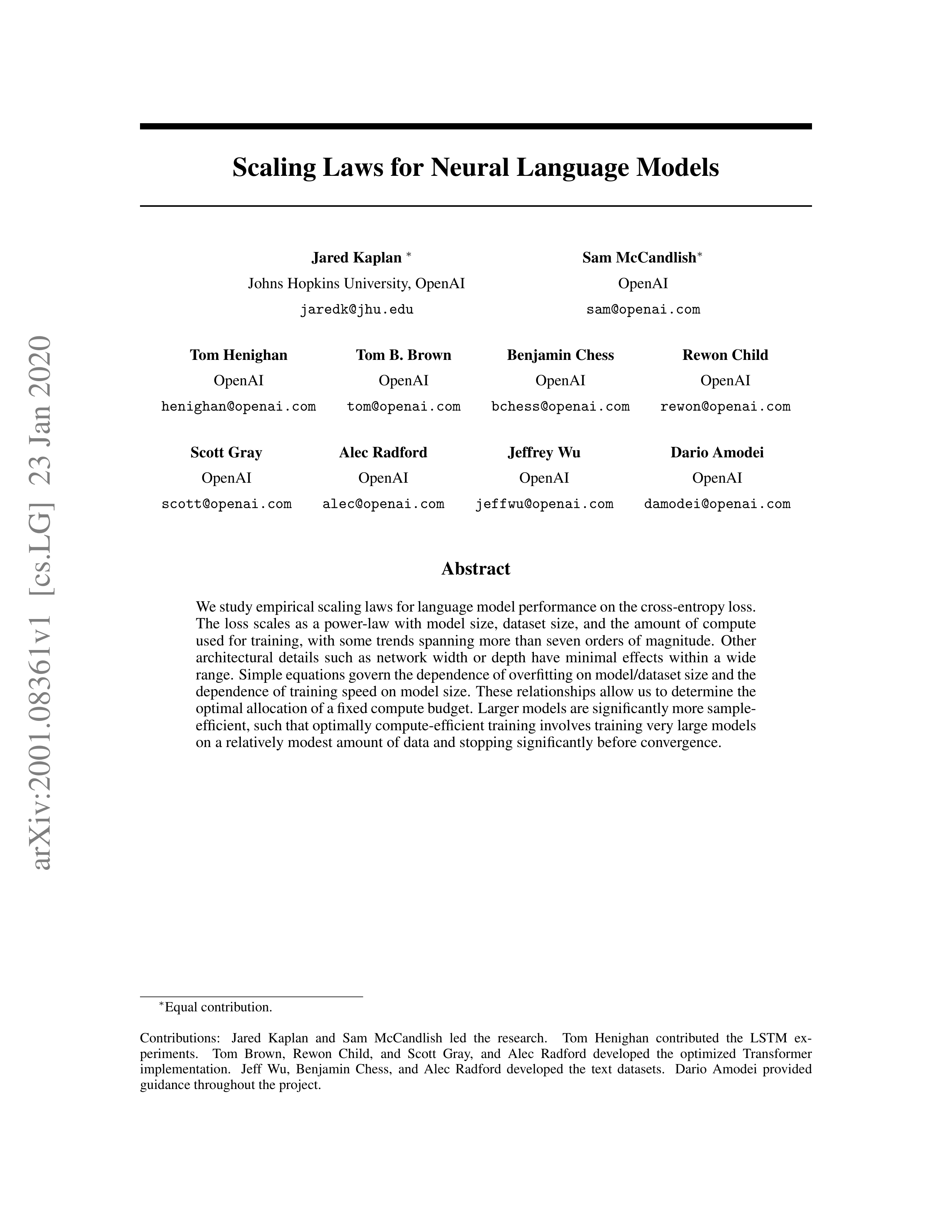 Scaling Laws for Neural Language Models Research Paper by OpenAI — page 1