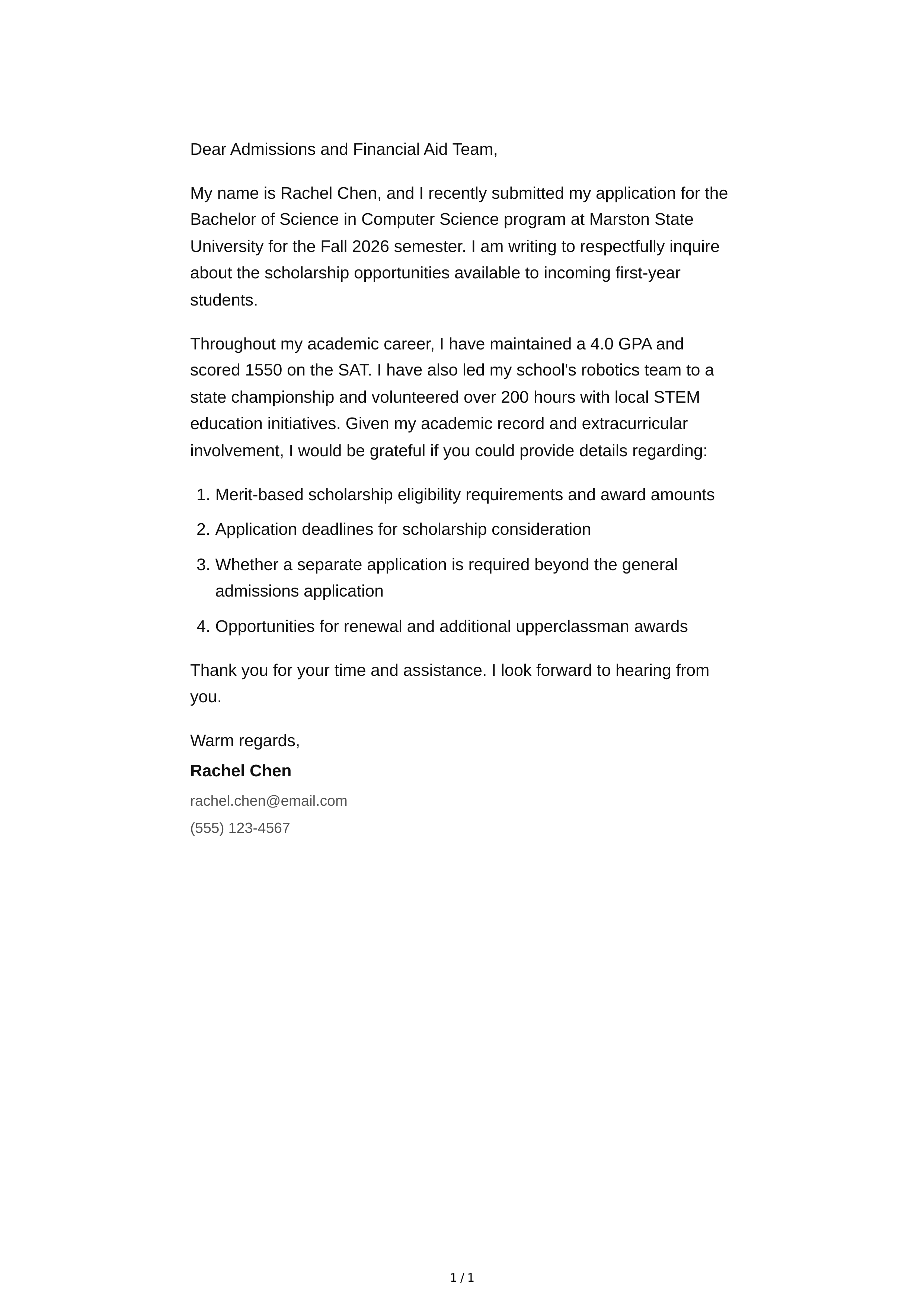 Scholarship Inquiry Email — page 1