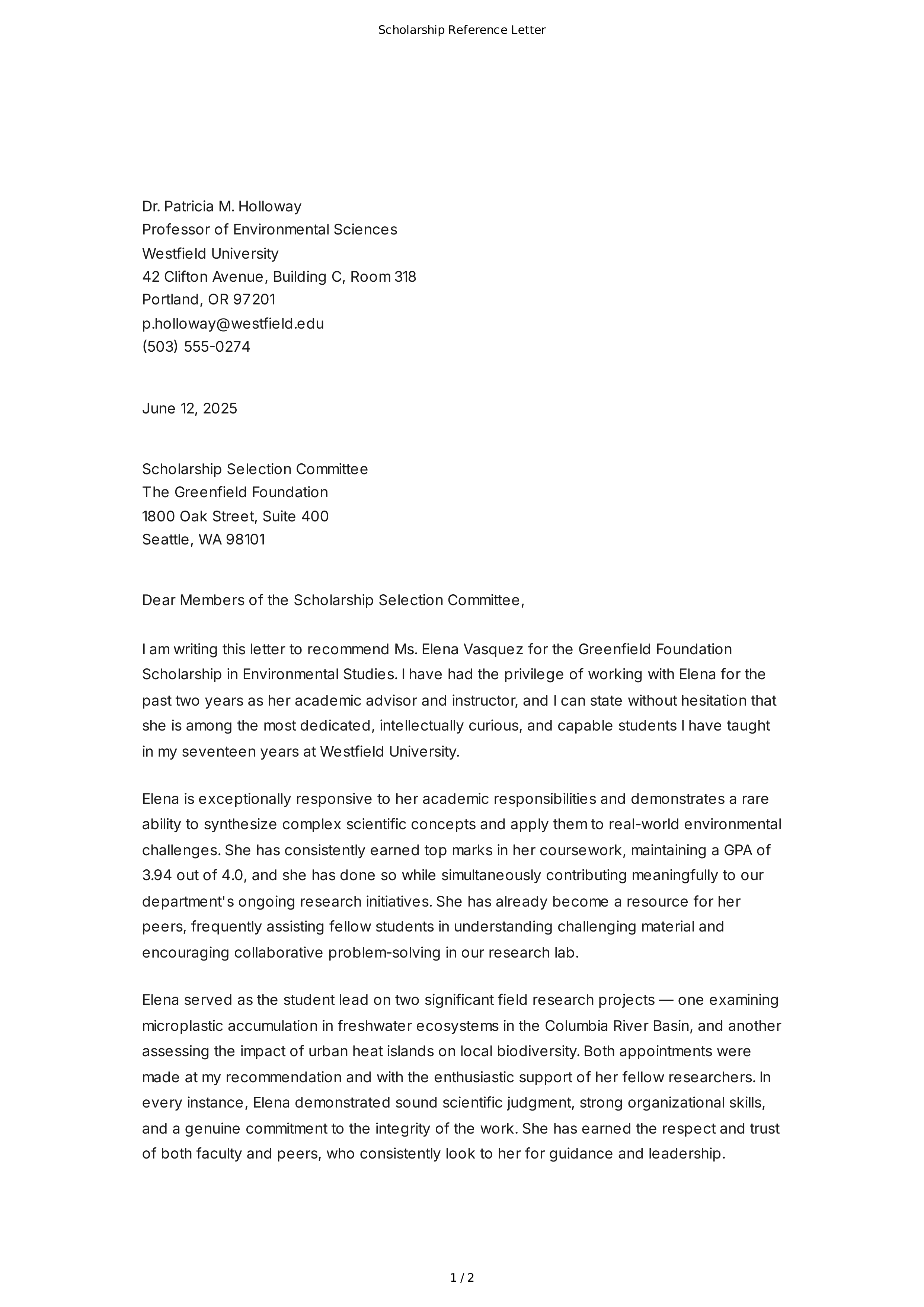 Scholarship Reference Letter — page 1