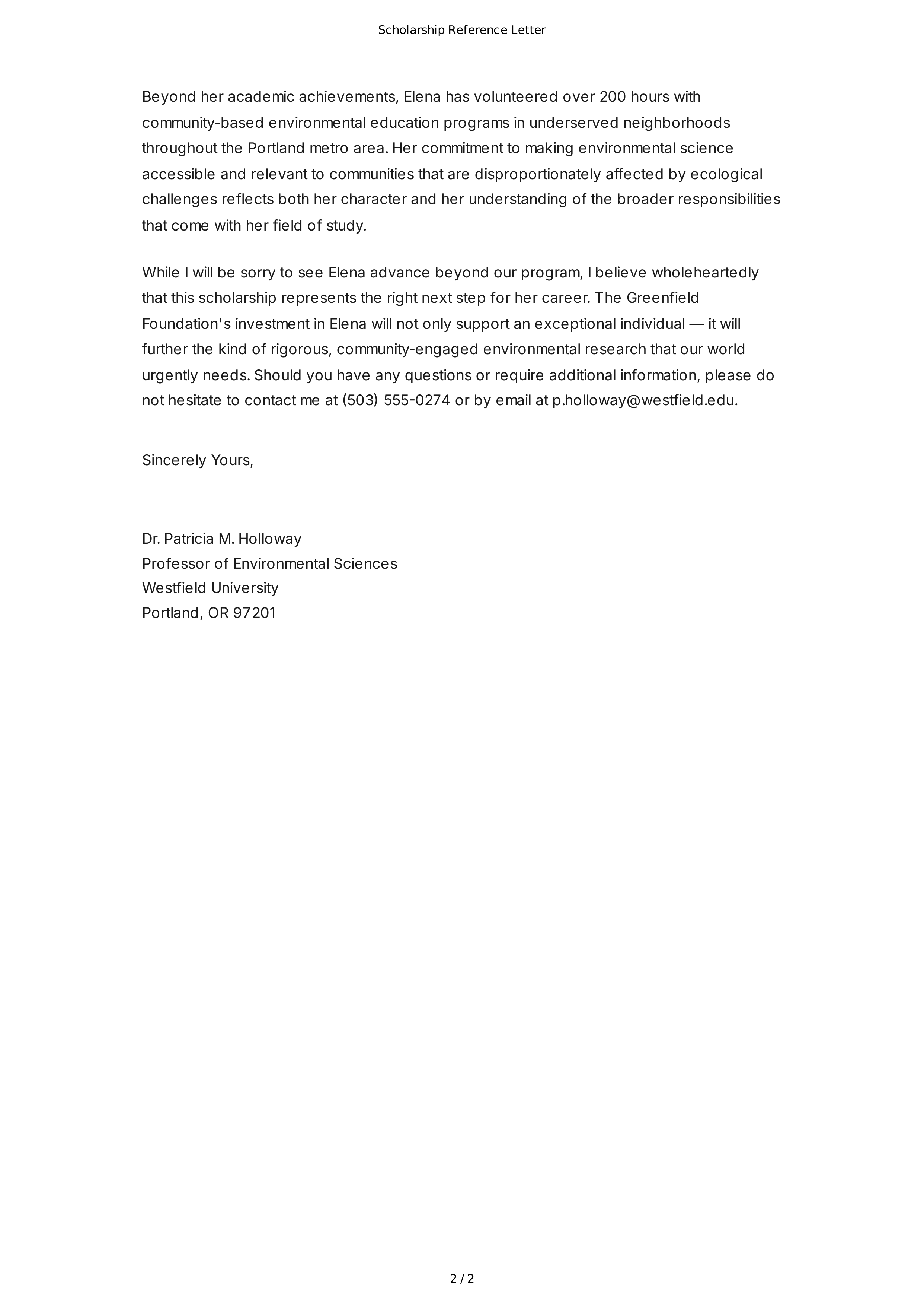 Scholarship Reference Letter — page 2