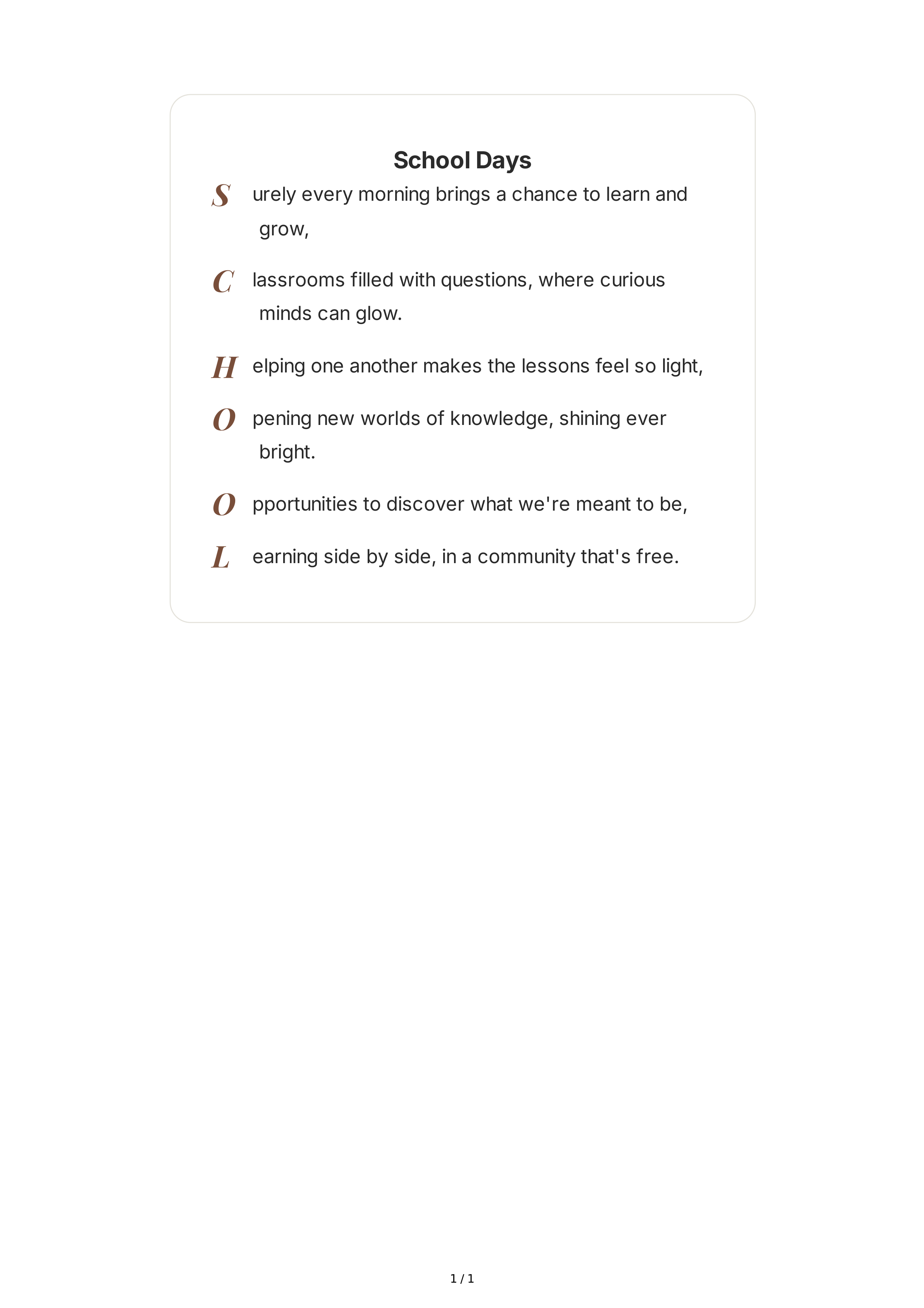 School Acrostic Poem — page 1