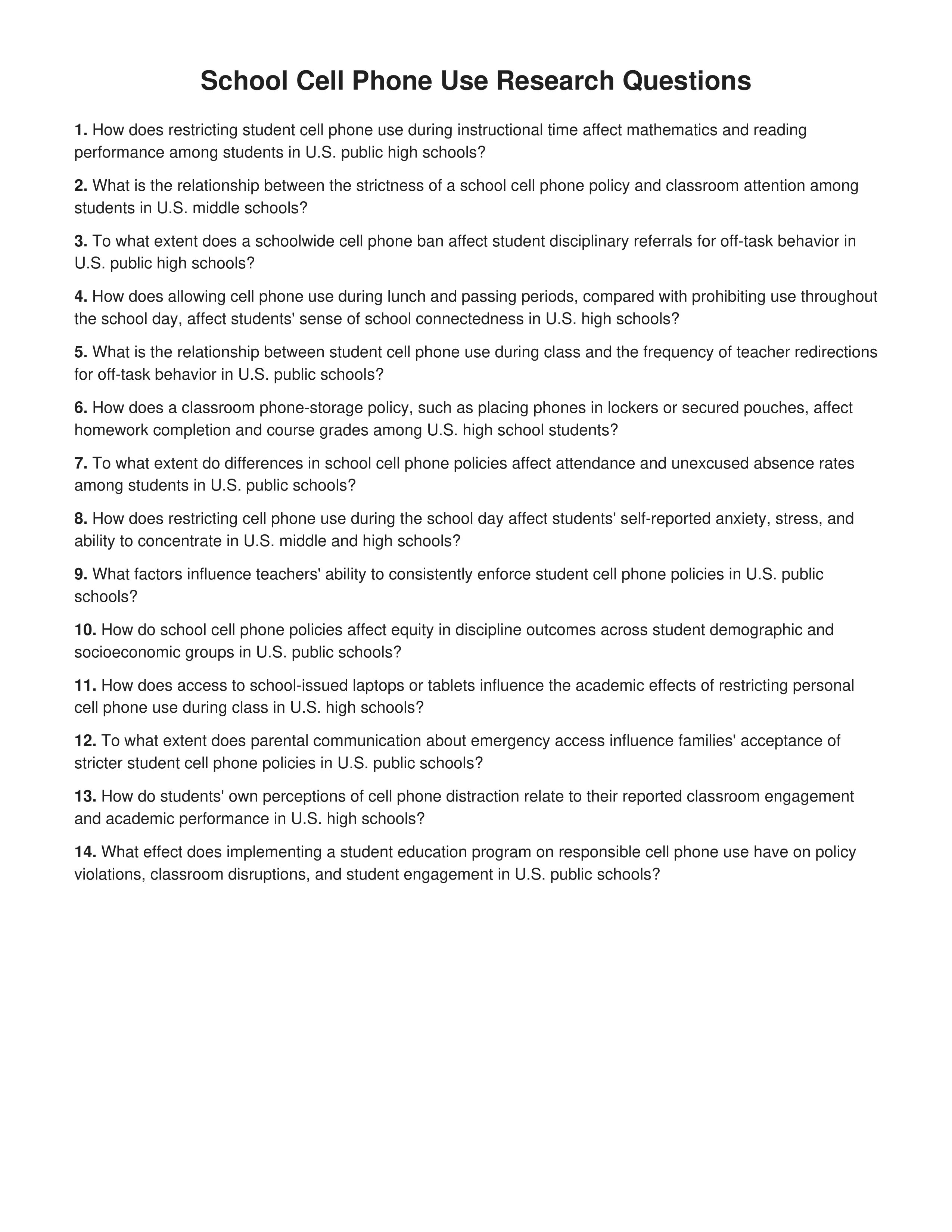 School Cell Phone Use Research Questions — page 1