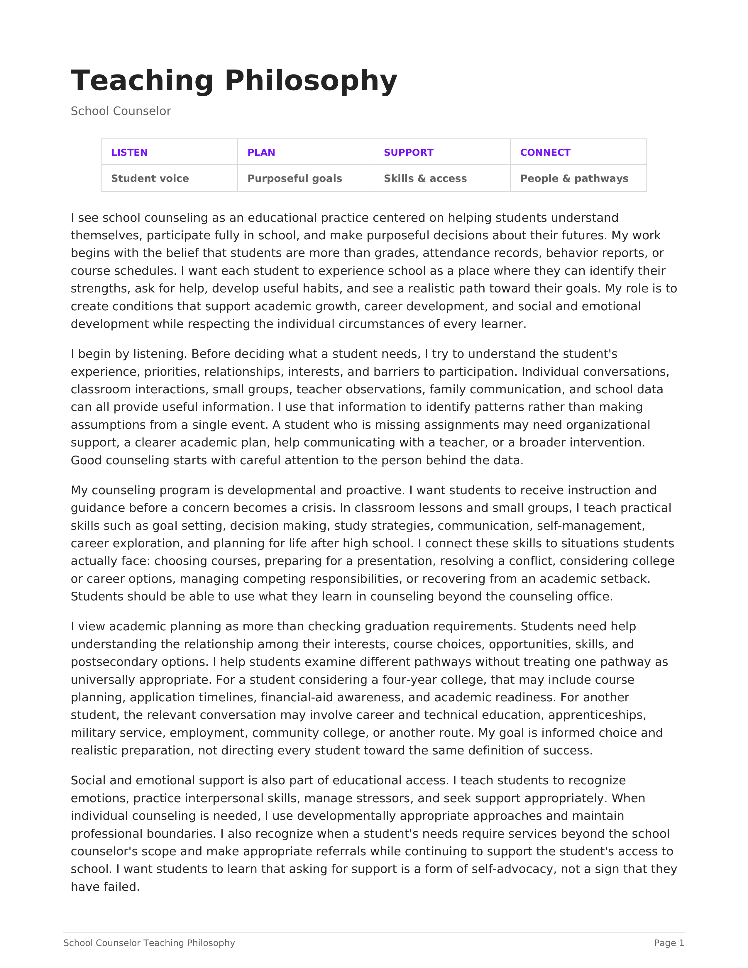 School Counselor Teaching Philosophy — page 1