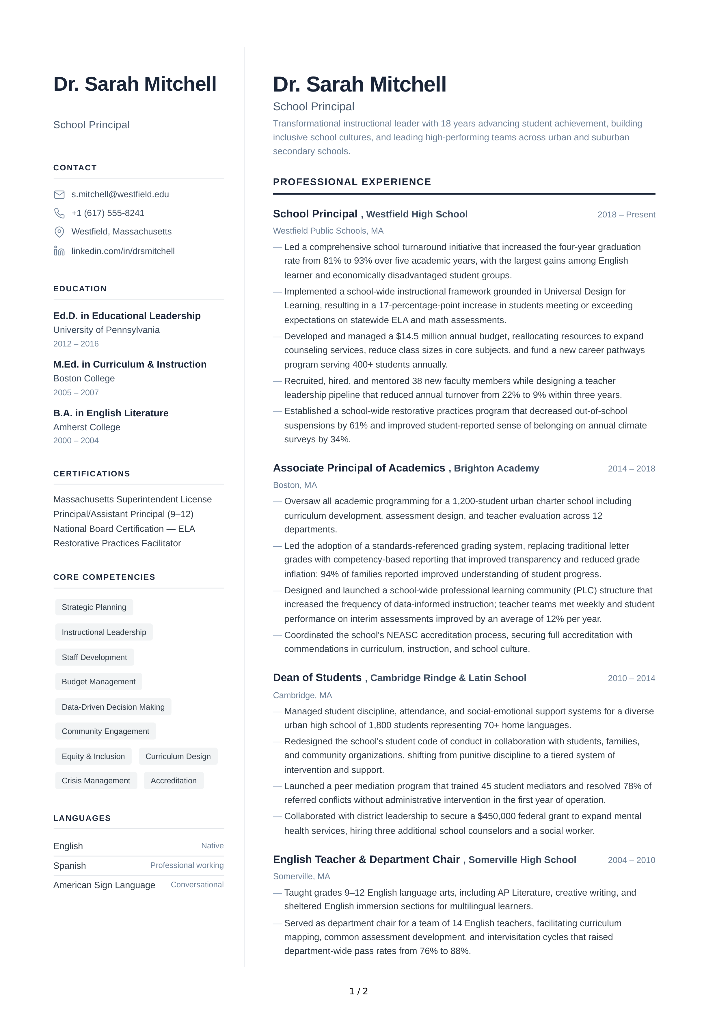 School Principal CV — page 1