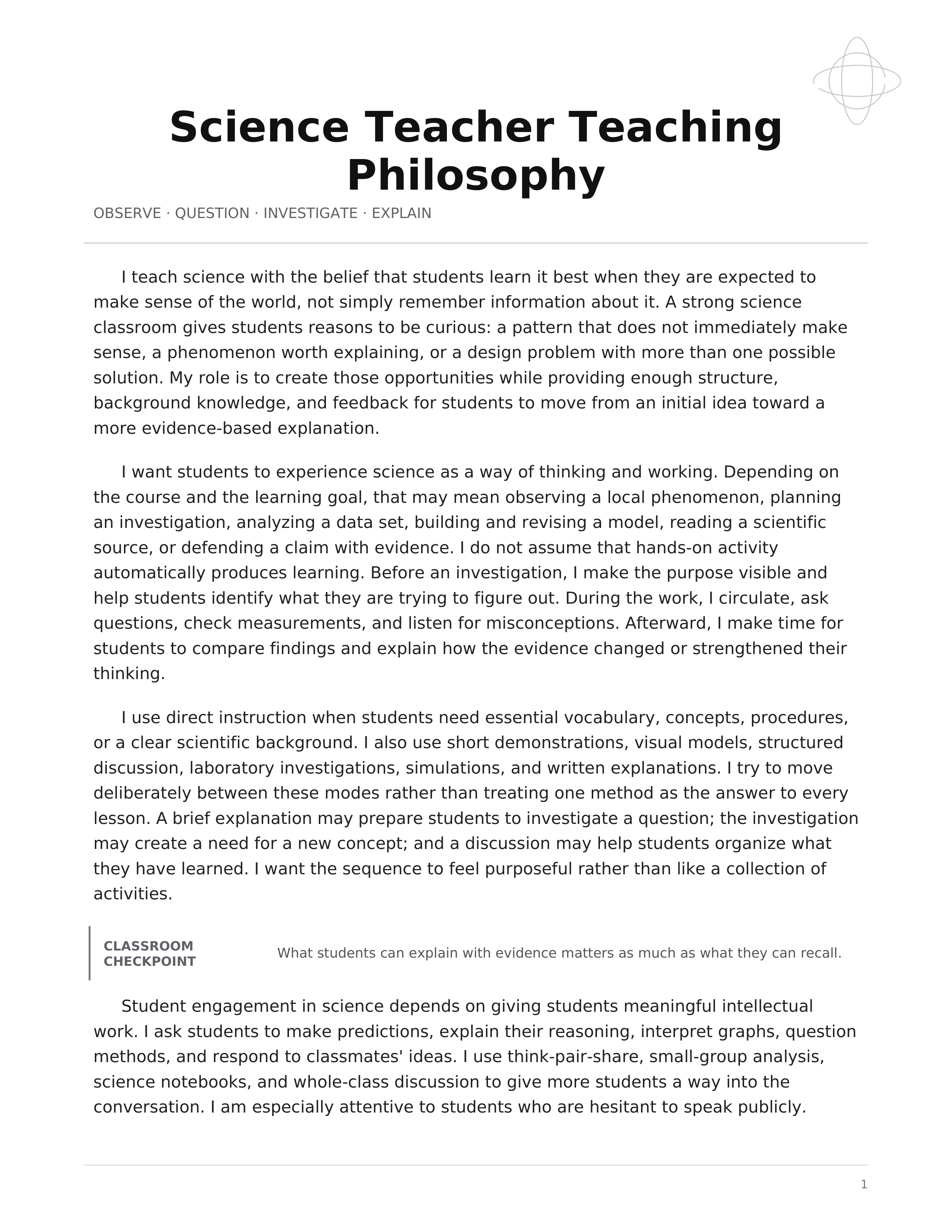 Science Teacher Teaching Philosophy — page 1