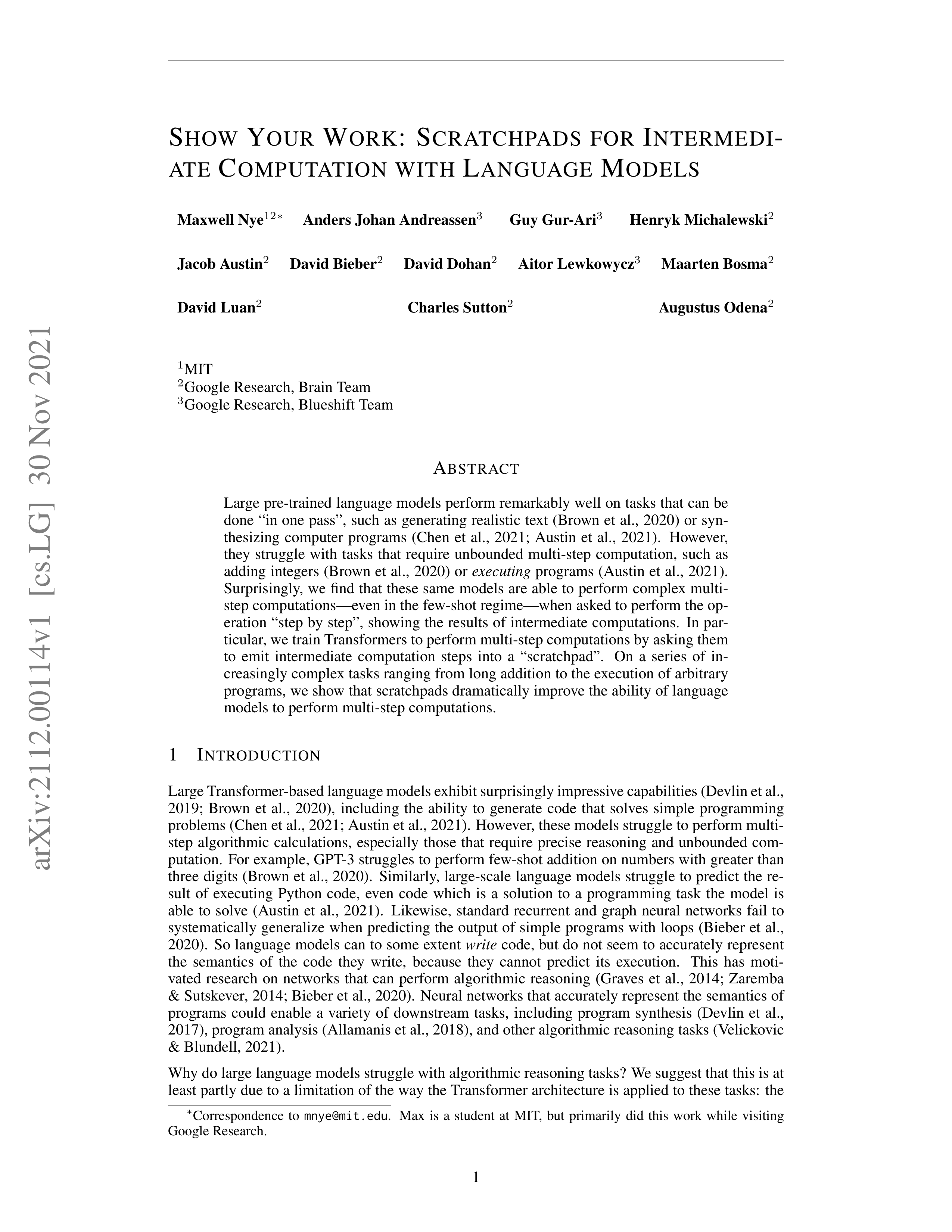 Scratchpads for Intermediate Computation Research Paper by Google — page 1