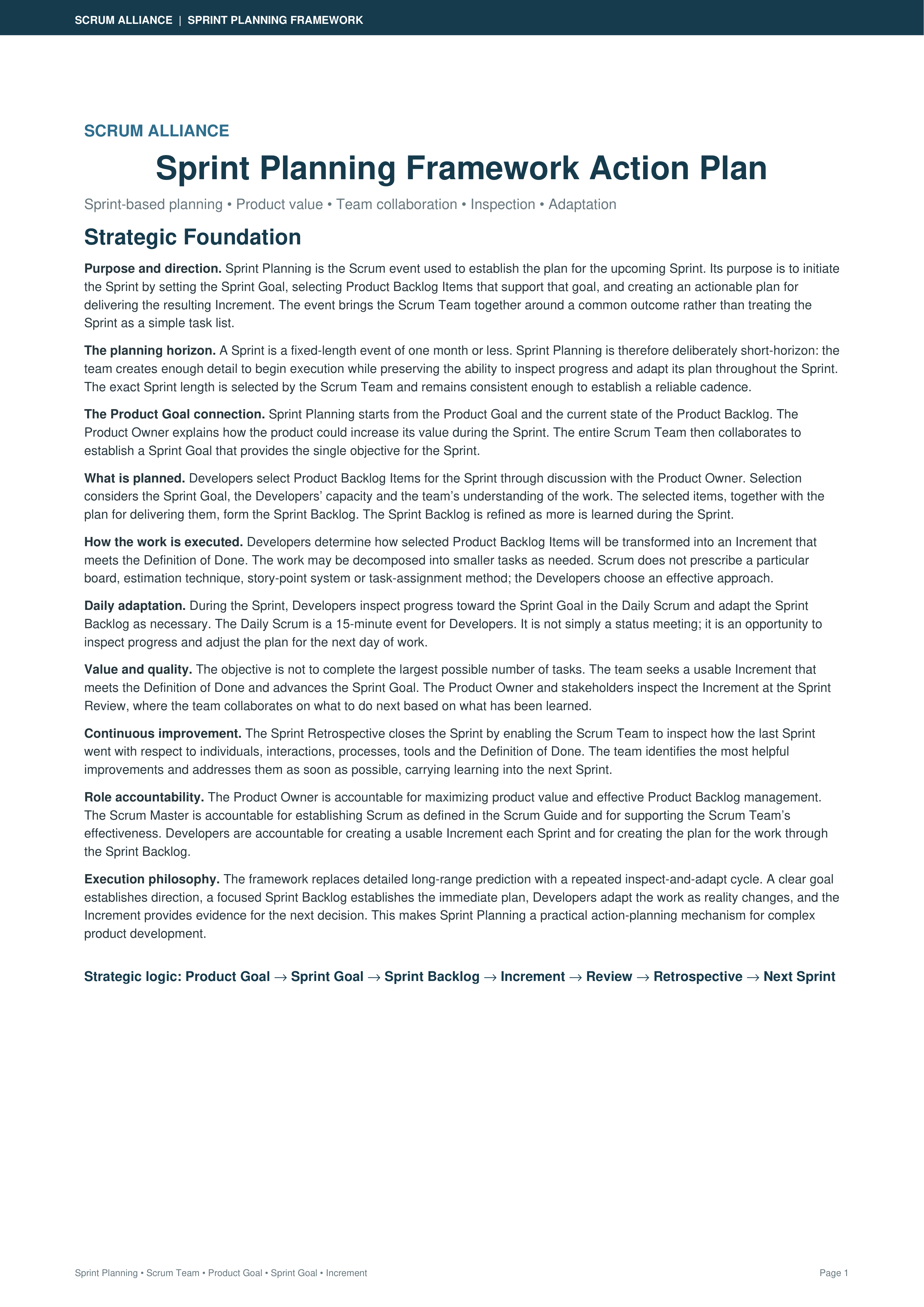 Scrum Alliance Sprint Planning Framework Action Plan — page 1