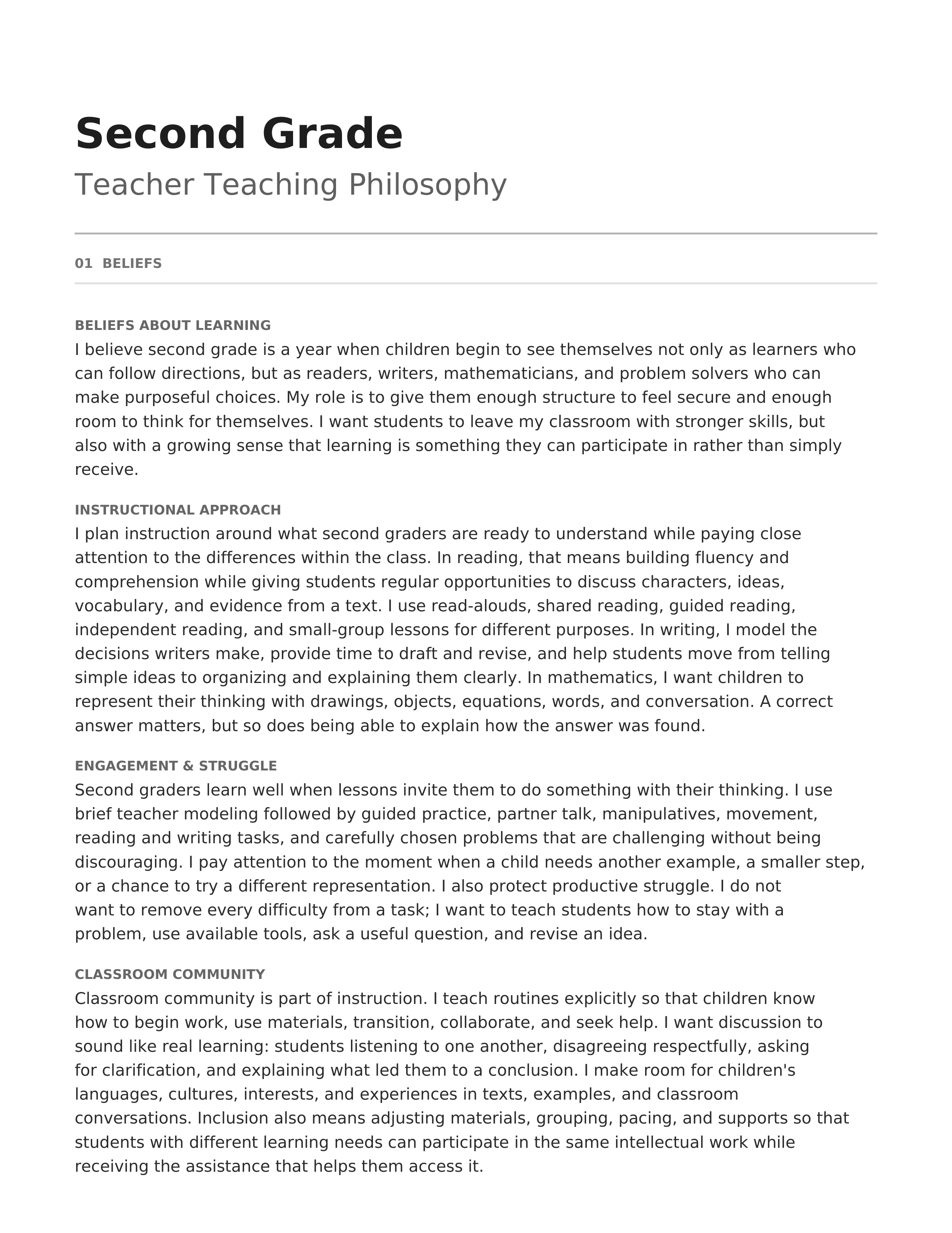Second Grade Teacher Teaching Philosophy — page 1
