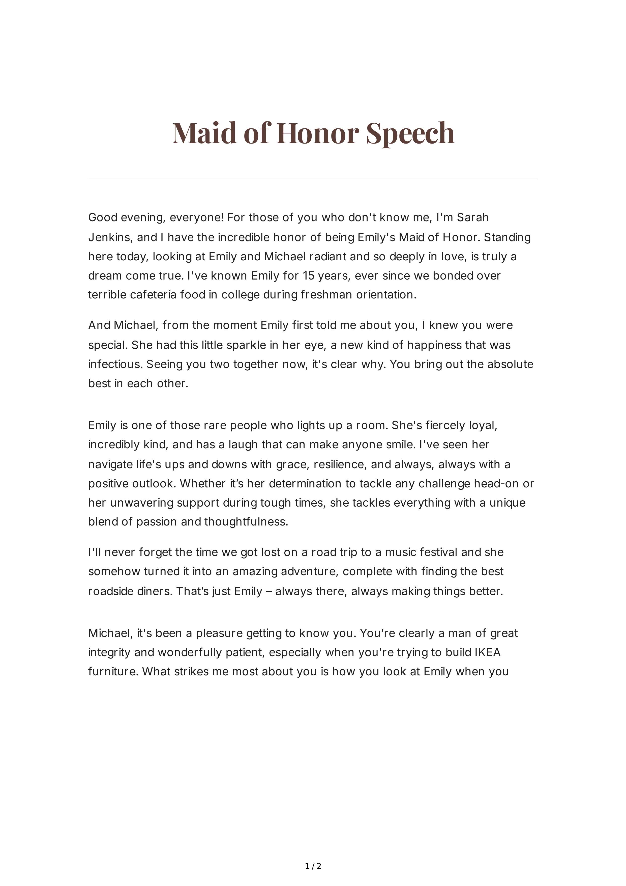Second Marriage Maid of Honor Speech — page 1