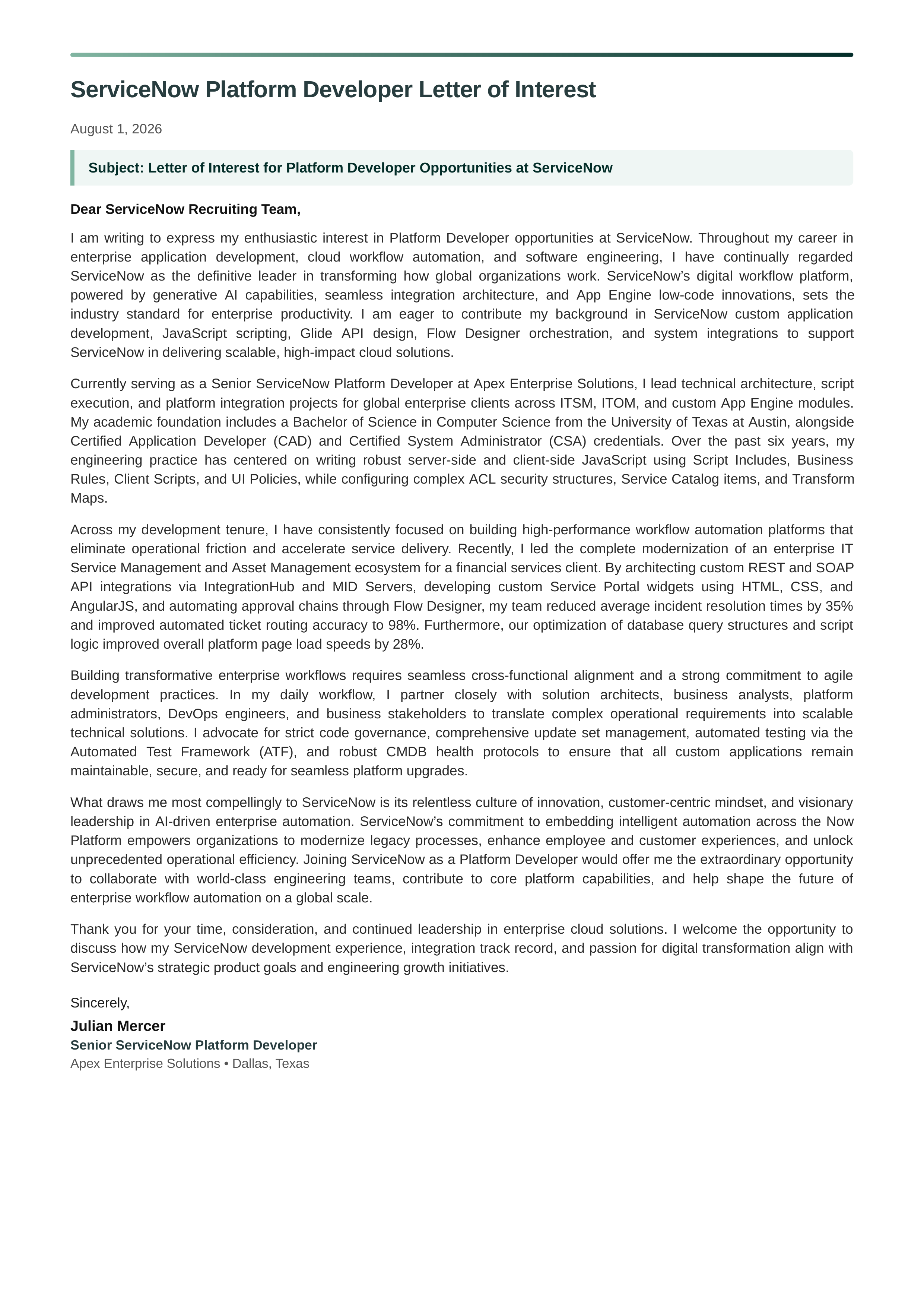 ServiceNow Platform Developer Letter of Interest — page 1